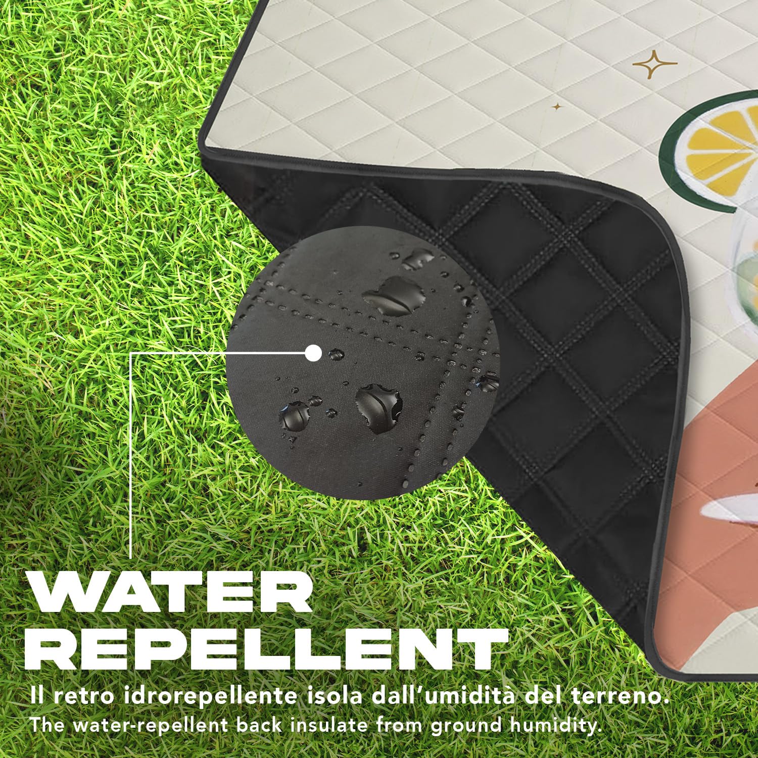 PERLETTI Telo Picnic Impermeabile Adulto 200x200 - Coperta Pic Nic Grande per Famiglia Spiaggia Montagna Parco Giardino - Tappeto da Campeggio per Esterno Portatile Pieghevole (Gin & Tonic, 200x200)