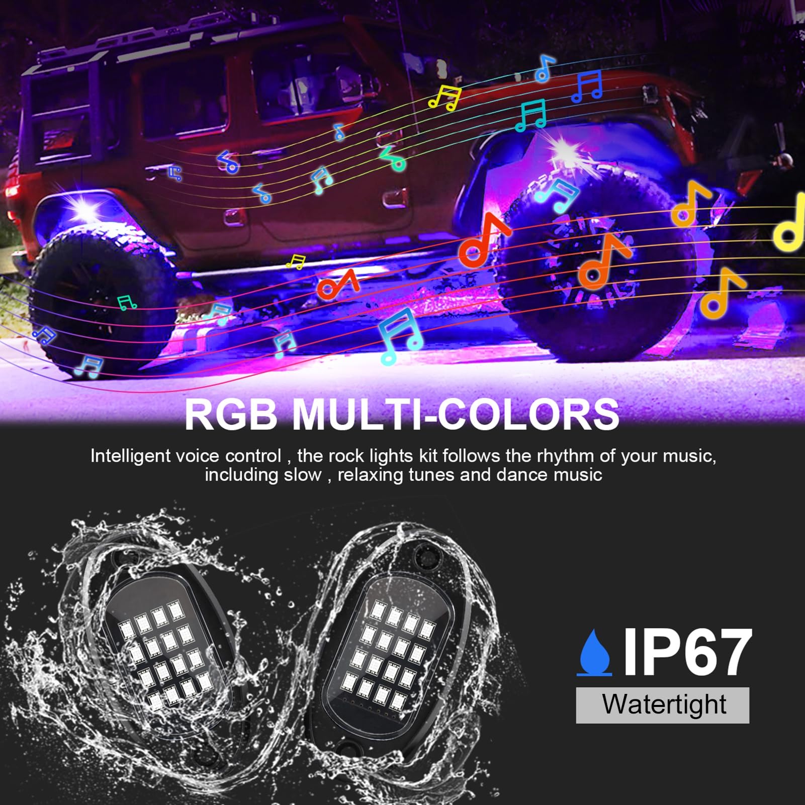 Zestaw świateł Rock LED RGB, 16 Milionów Kolorów z kontrolą Aplikacji 150 Ultraszerokokątnych świateł Underglow, do Ciężarówki SUV ATV UTV łódź Samochód (1 do 12)