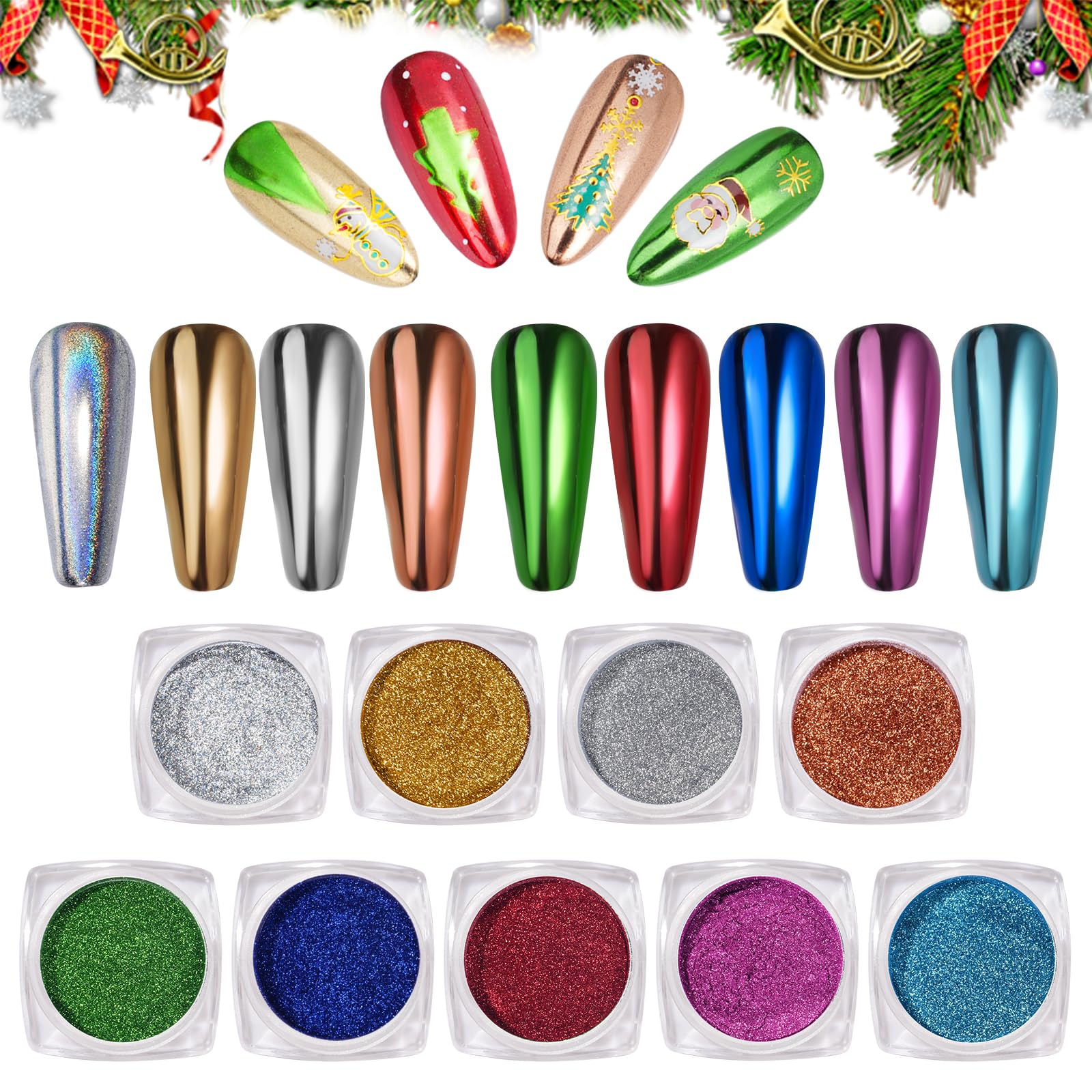 Pretty Diva Chrome Nail Powder - 9 colors Metallic Mirror Effect Red Chrome Nail Powder Xmas Red Green Gold Silver Blue Pink Holographic Nails Chrome Powders