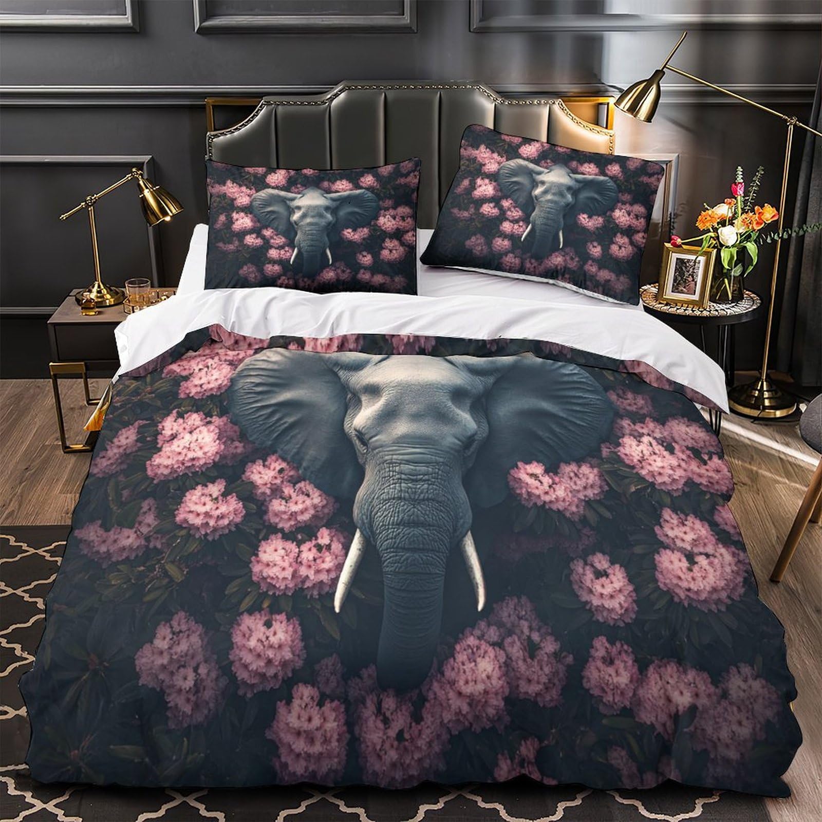 Housse de couette éléphant 3D Super King 260x220 cm avec 2 taies d'oreiller en microfibre fleurie