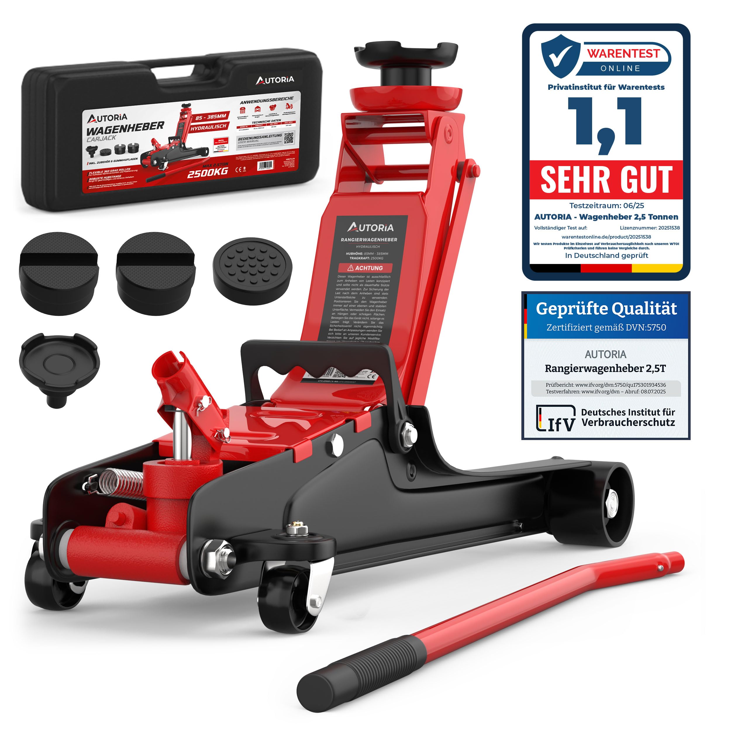 Wagenheber 2,5T extra flach – Hydraulischer Rangierwagenheber mit Transportkoffer, 3 Gummiauflagen & Adapter – Auto Wagenheber für PKW bis 2.500 kg (Rot)