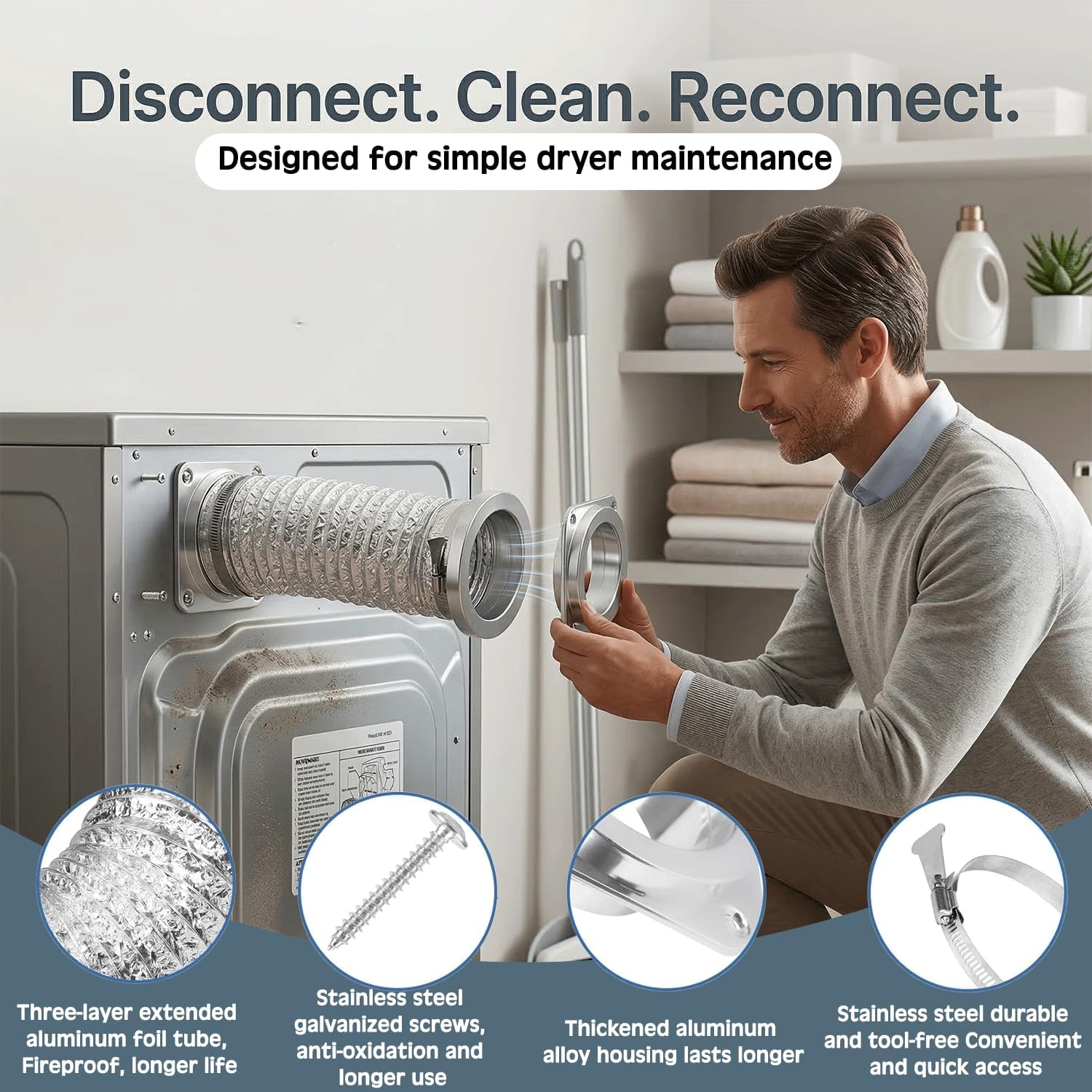 Magnetic Dryer Vent Connector Kit for 4" Dryer, Quick Connect Dryer Vent Hose with 3.3FT Duct & 2 Clamps, Strong Magnetic Hold Space Saving Design, Easy Install Dryer Vent Connection Kit
