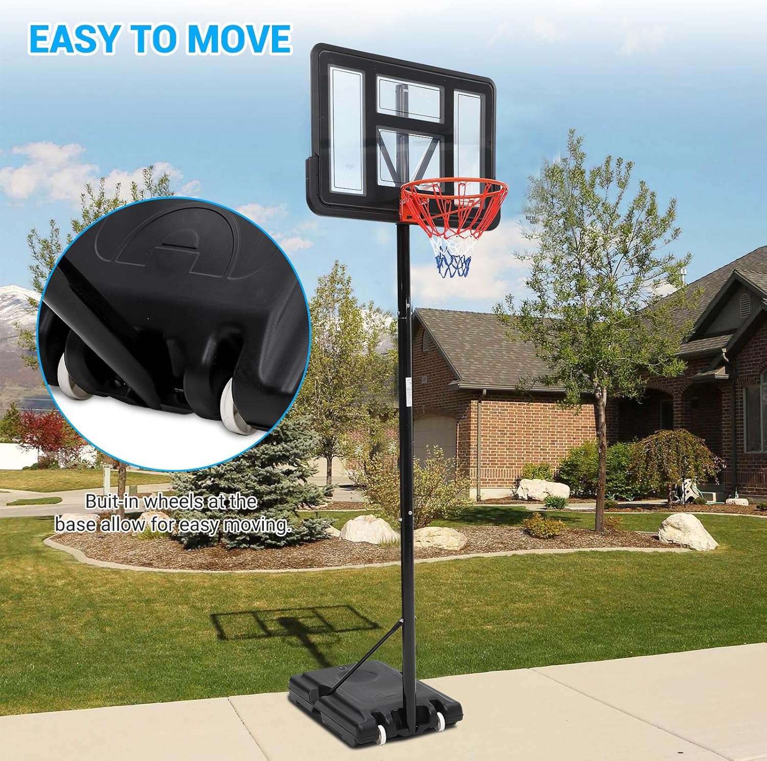 Portable Basketball Hoop System 5.2-10.0ft Adjustable for Kids/Youth, Pe Frame, Shatterproof PVC Board, Rust-Resistant Steel Rods, Easy Installation & Mobility with Two Wheels