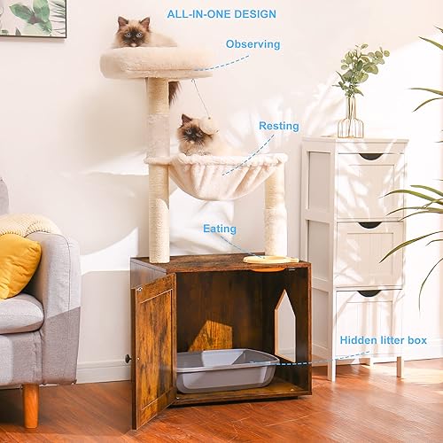 Miniatura 2 de Hey-brother Árbol para gatos con caja de arena, torre para gatos todo en uno para gatos de interior con hamaca grande, cama, estación de alimentos,