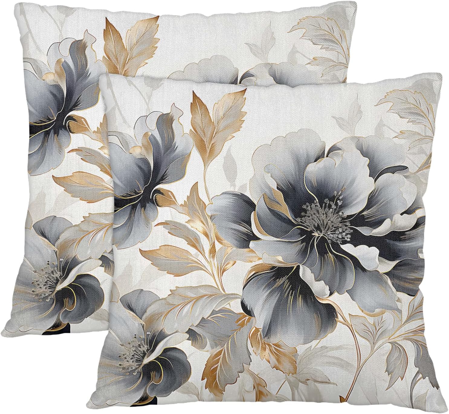 Blue Gray and Gold Marble Flowers Pillow Covers 20 x 20 Inch Set of 2, Throw Pillow Covers Set Cushion Case Decorative Square Linen Pillowcases for Sofa Bed Couch Living Room Car