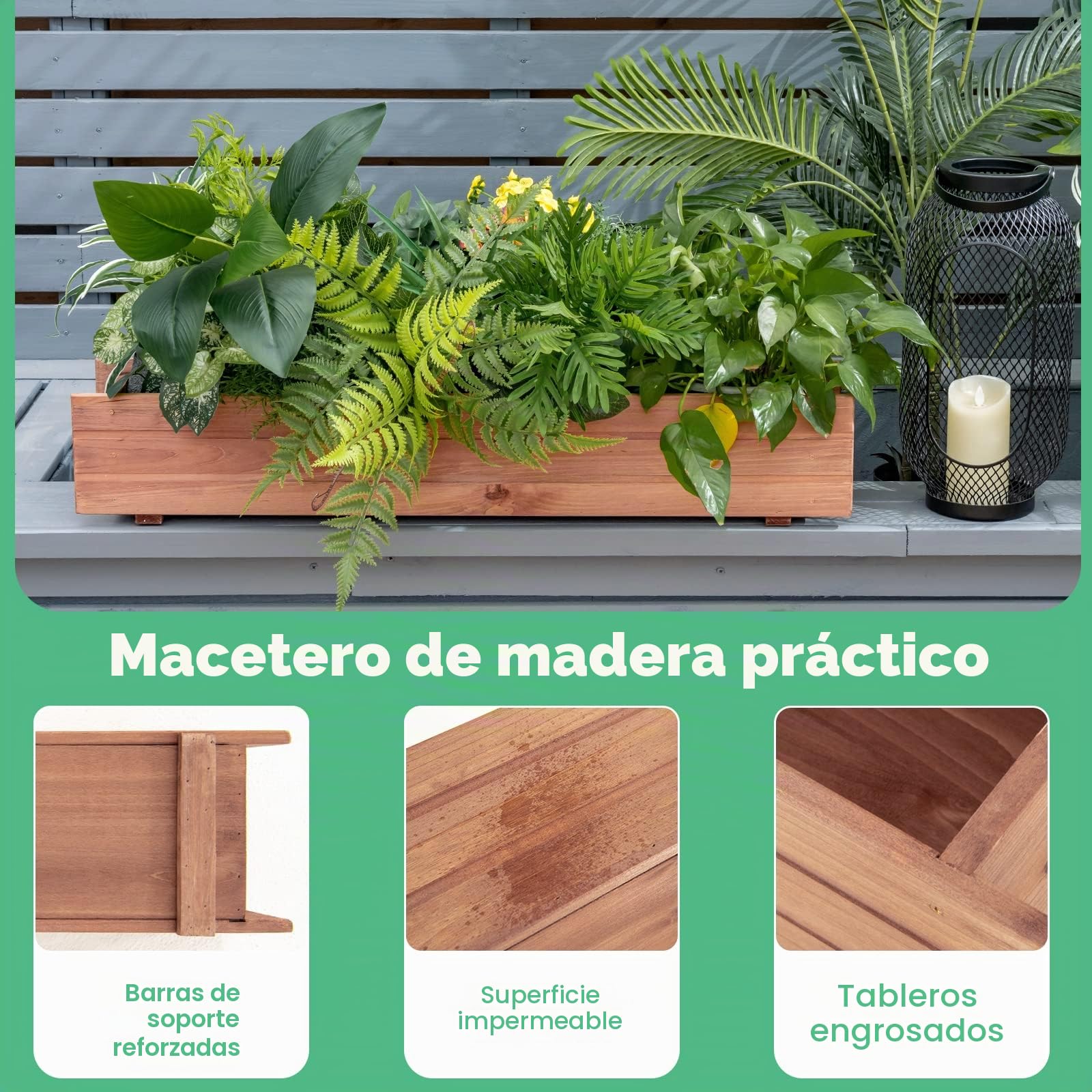 GOPLUS Jardinera de madera, jardinera con 2 agujeros de drenaje, jardinera para jardín y balcón, 91,5 x 18 x 16 cm