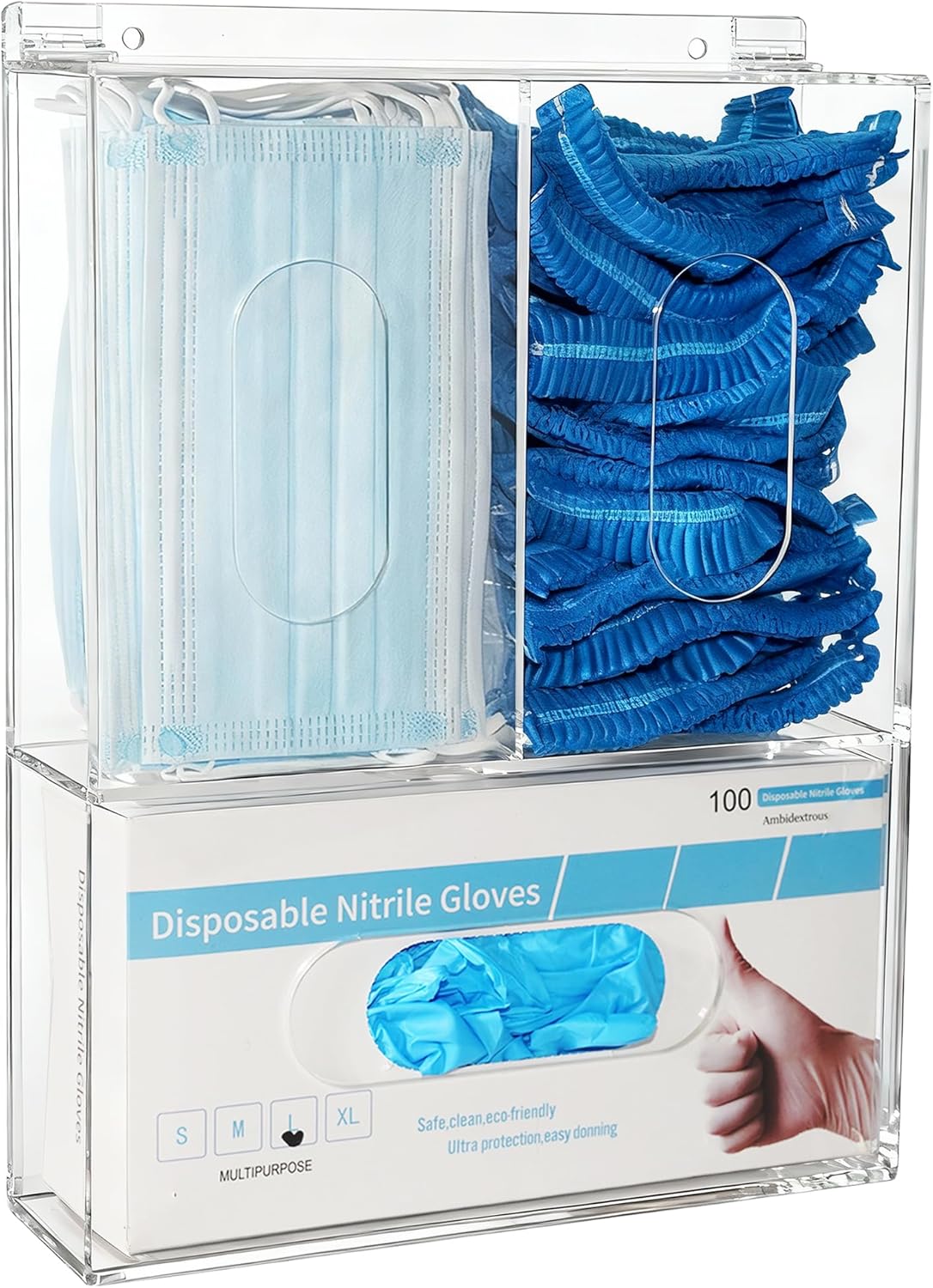 Triple Hygiene Dispenser Sanitation Station with Lid - Tabletop or Wall Mounted Masks and Glove Box Holder Dispenser for Hairnet Shoe Cover - 3 Compartments Acrylic Medical Organizer, Clear