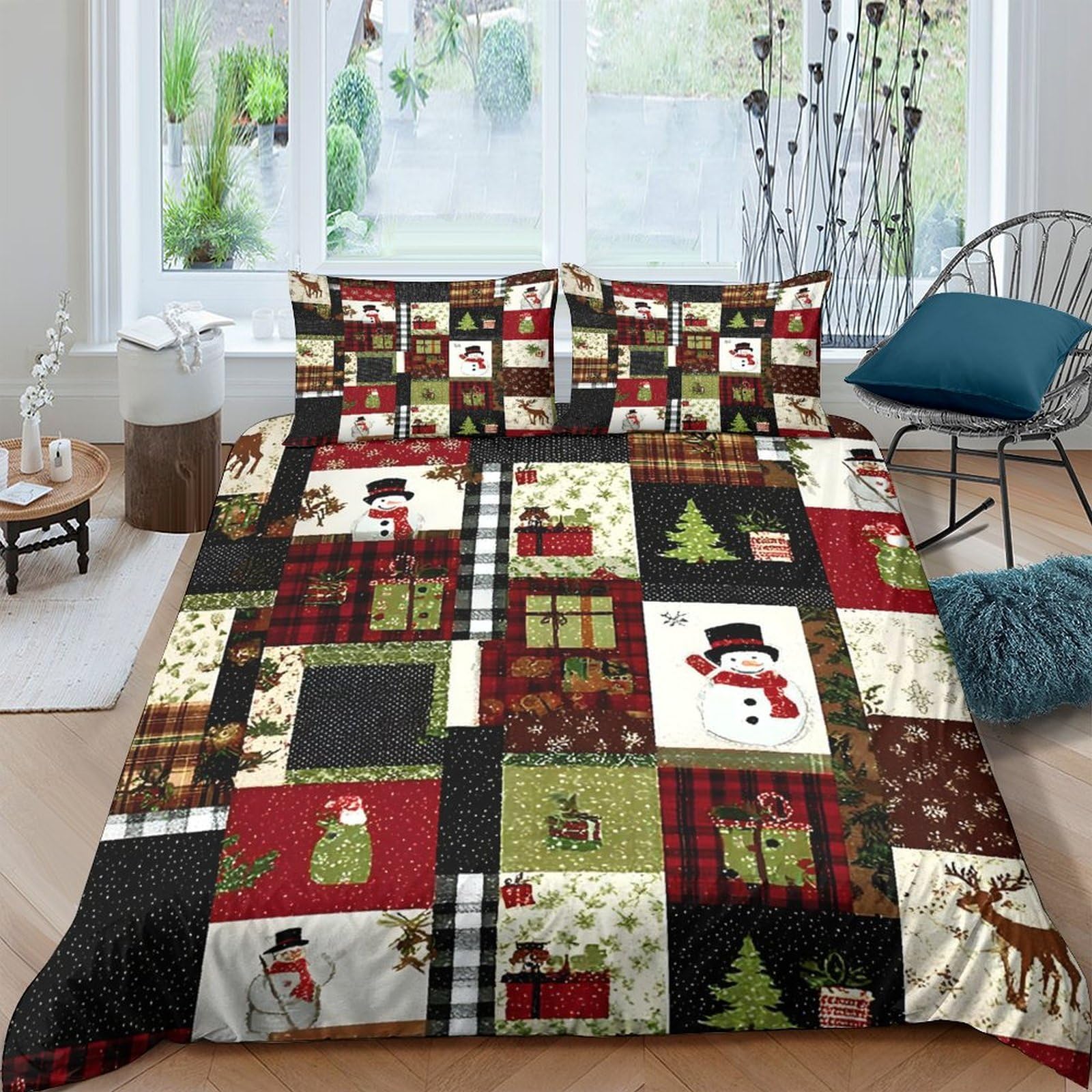 Ctjqhvkz Style-7 3D Printed Christmas Patchwork Fitted Sheet Microfiber Winter Deer Plaid Bed Cover For Bedroom Guestroom Decor Single（135X200cm）