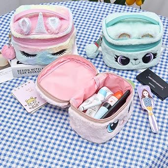 Women Girls Kids Fluffy Faux Fur Unicorn Makeup Bag Small Cosmetic Organizer Plush Travel Storage Bags Toiletry Kit Case