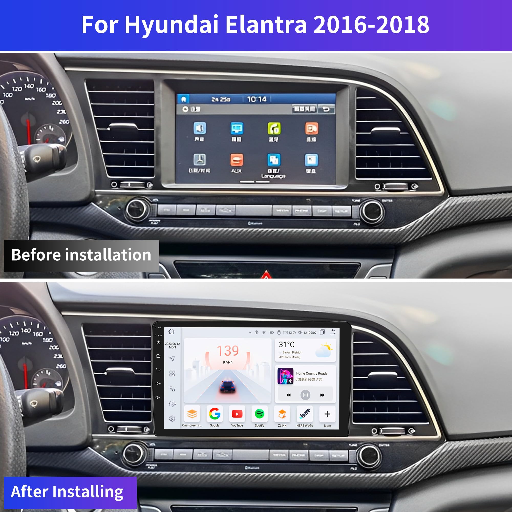 Car Stereo Upgrade for Hyundai Elantra 2016 2017 2018, Android 13 Wireless CarPlay Stereo Compatible with Apple CarPlay Android Auto, 9