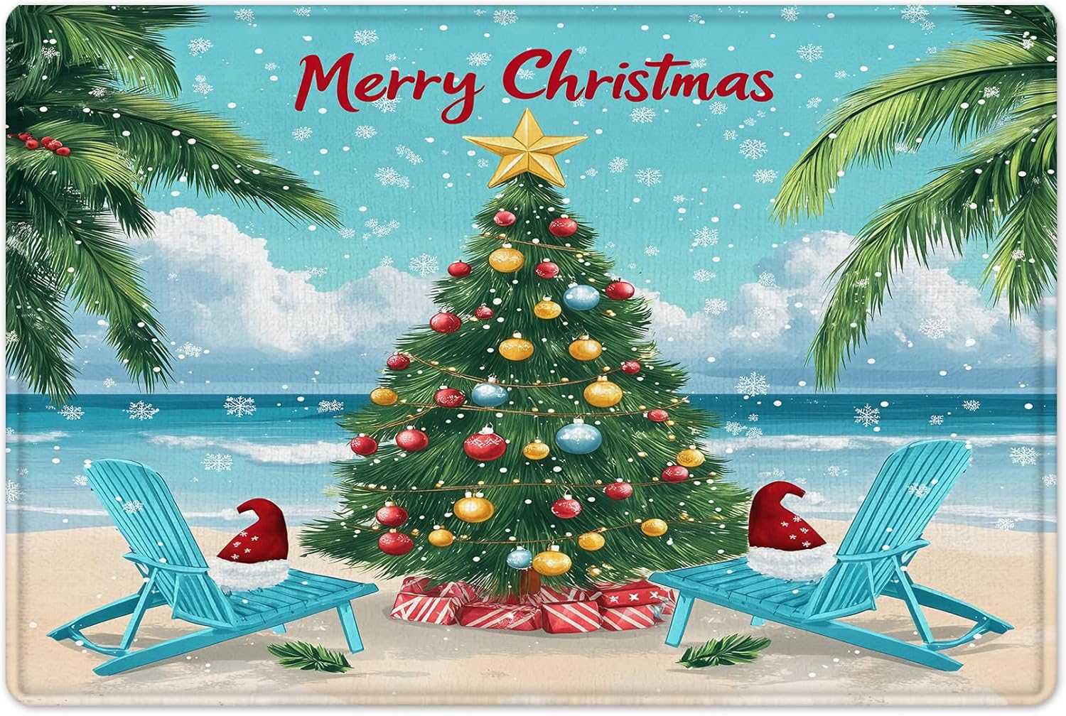 LB Merry Christmas Shower Curtain Sets with Rugs Coastal Green Christmas Tree on Beach Fabric Shower Curtain with Hooks Palm Tree Tropical Christmas Bathroom Curtains Shower Set, 72x72 inches