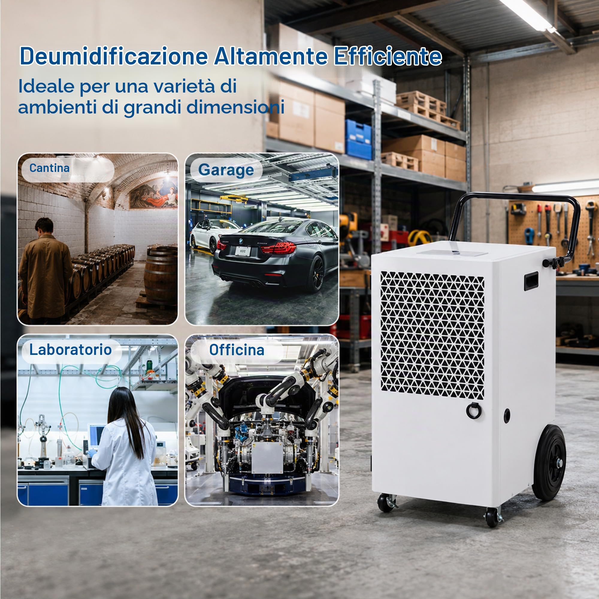 Deumidificatore Professionale Commerciale 120L: Deumidificatore Professionale Scarico Continuo Tubo 2m R290 Compressore 300m²/600m³ per Magazzino Garage Officina Cantina Lavanderia Deposito