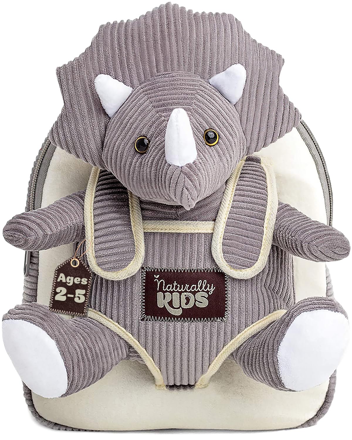 Naturally KIDS Small Dinosaur Backpack - Grey Triceratops held by child | Mubboo