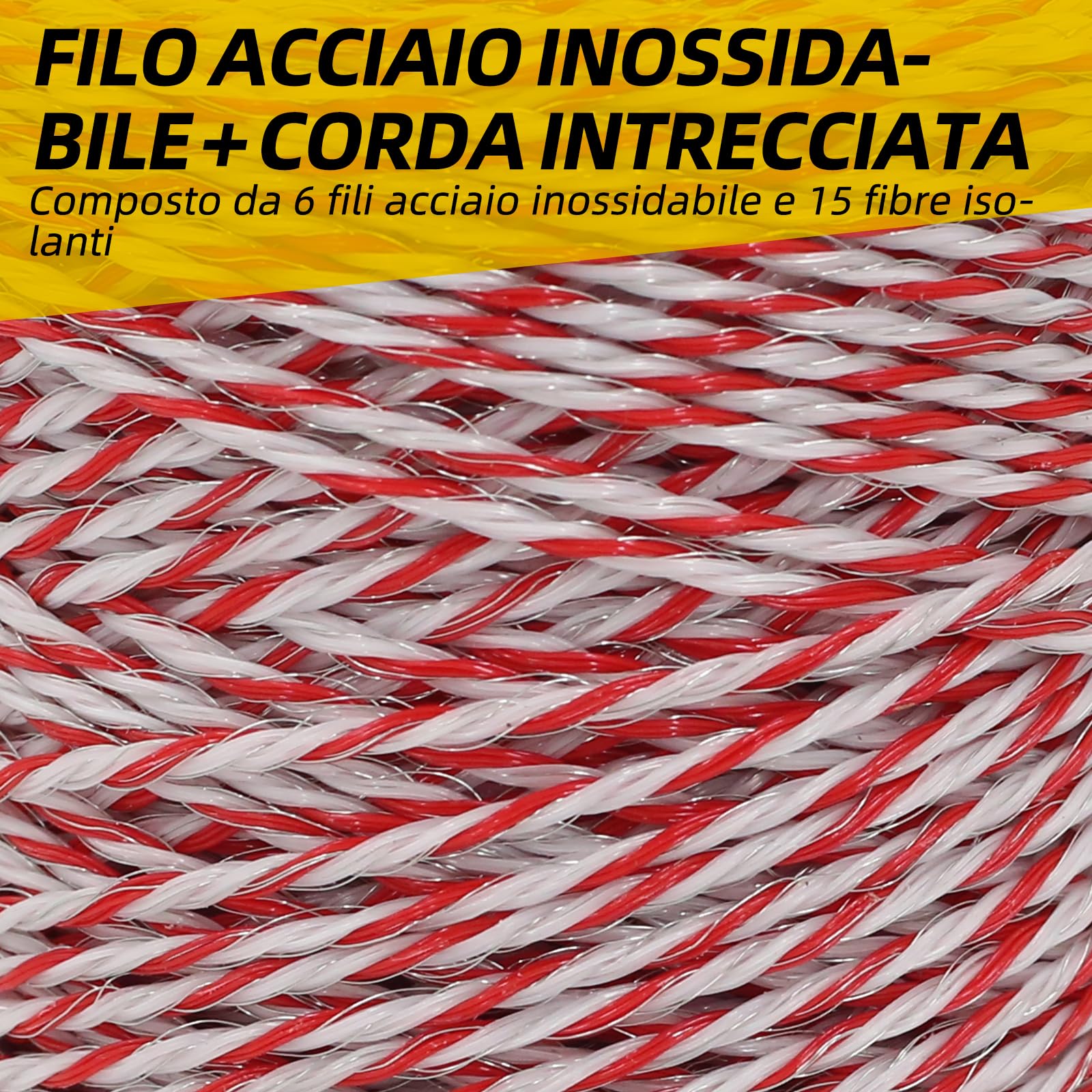 Kit conduttivo di rete per recinzione, versione migliorata, filo di acciaio a 6 fili, filo di recinzione elettrica, con 50 isolatori e strumento di installazione con 1 chiave isolante, adatto