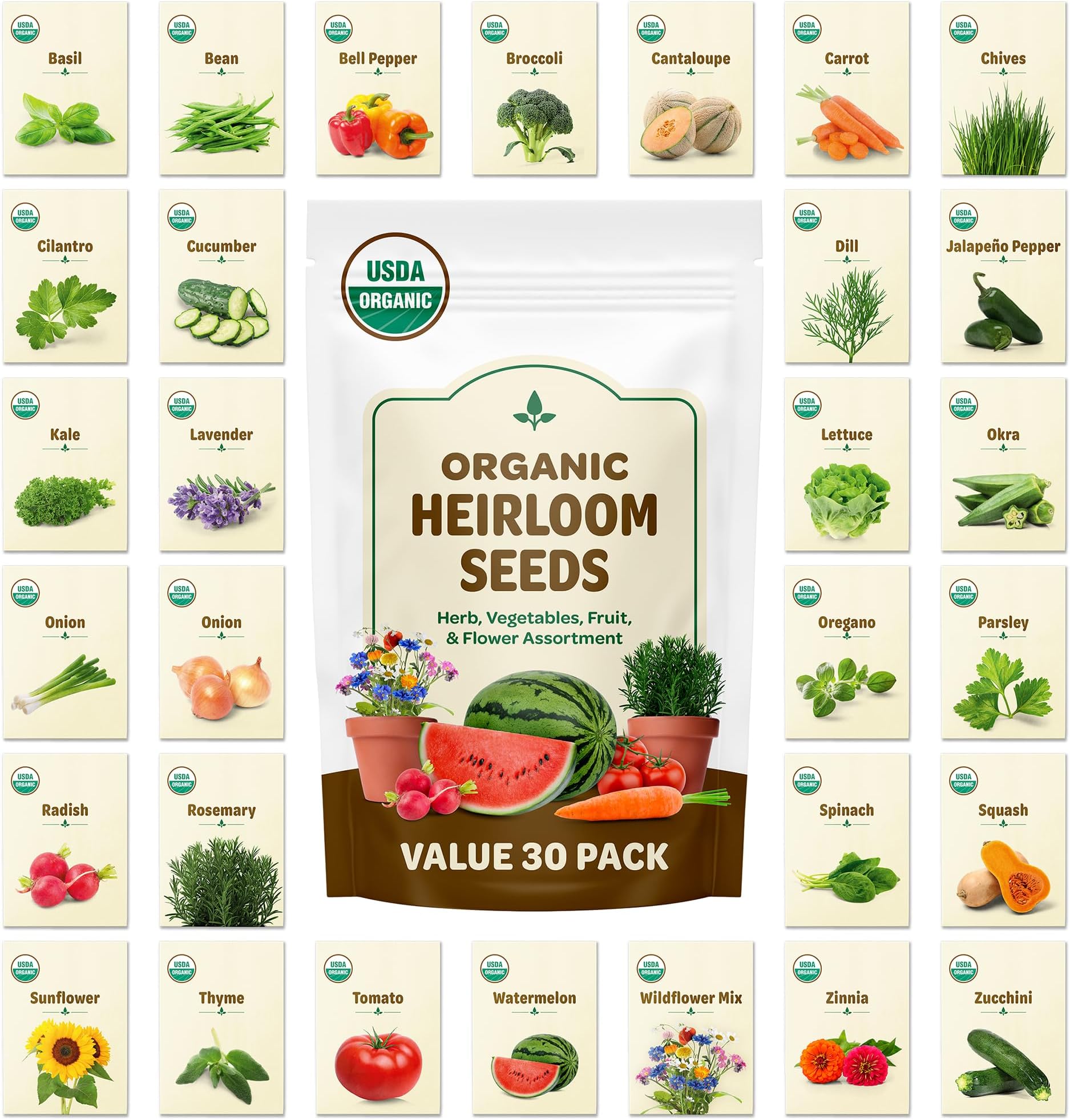 Back to the Roots Heirloom Organic, Non-GMO & USA Grown Seeds, 30ct Herb, Fruit, and Veggies, Assortment May Vary, Guaranteed to Grow