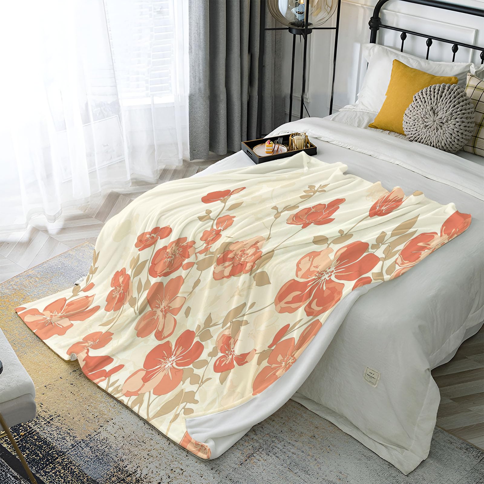Plaid polaire canapé 220x240cm corail floral super chaude