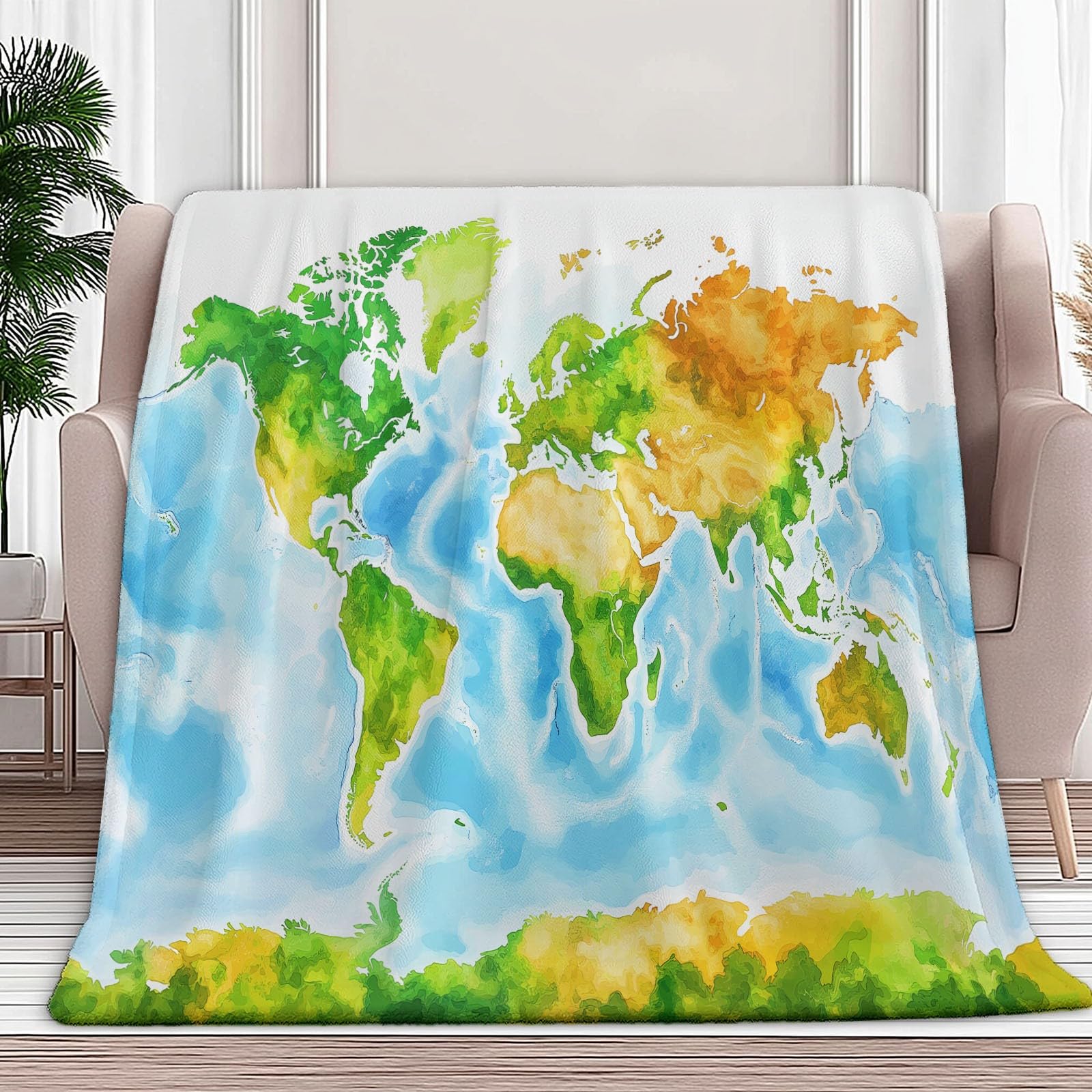 Couverture polaire flanelle carte du monde 150x200 cm plaid bleu pour lit et canape