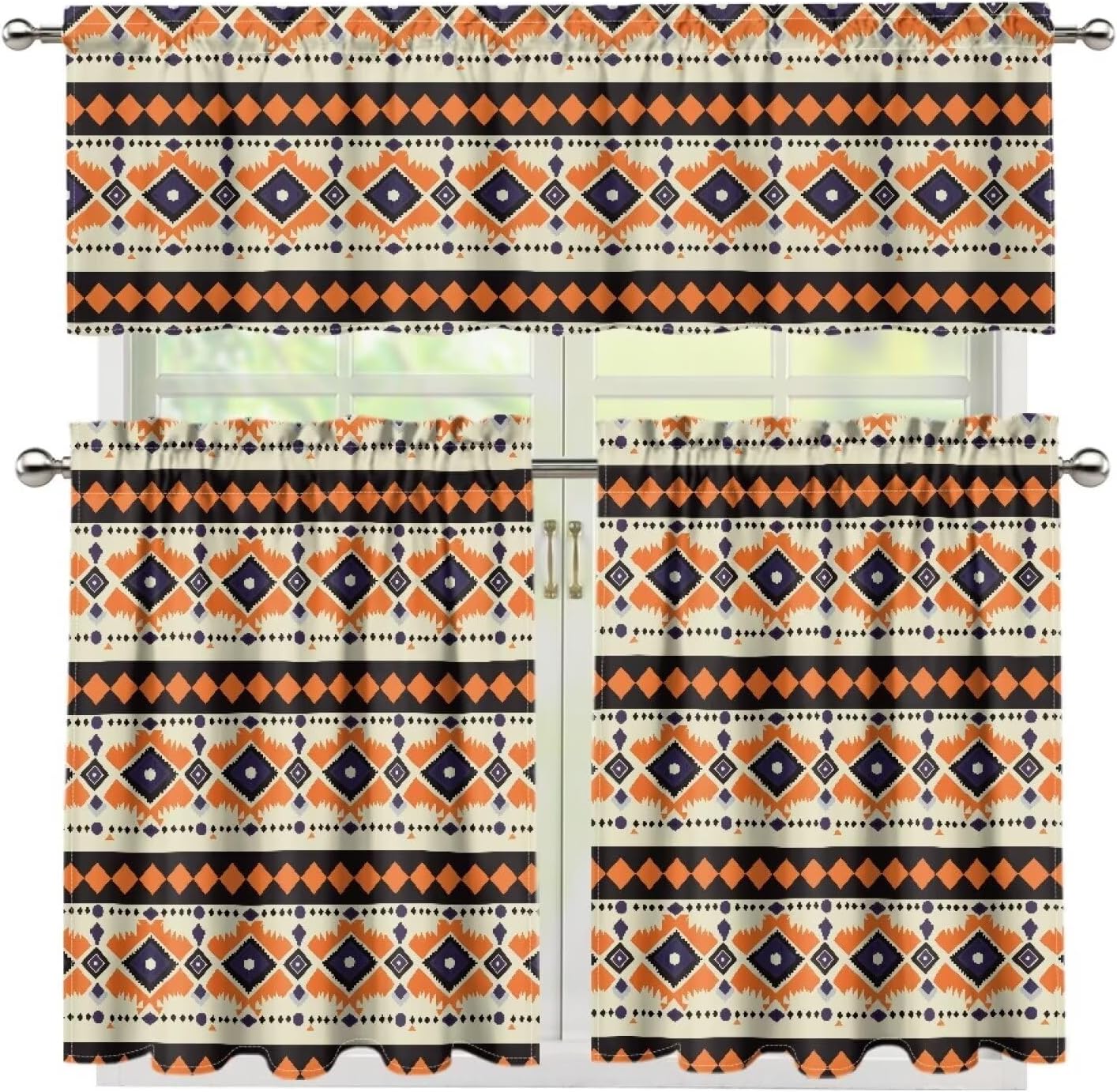 Tribal Print Kitchen Curtains 3 Piece Set Rustic Kitchen Curtains Light Filtering Window Drapes Easy Install Rod Pocket Kitchen Toppers and Valances