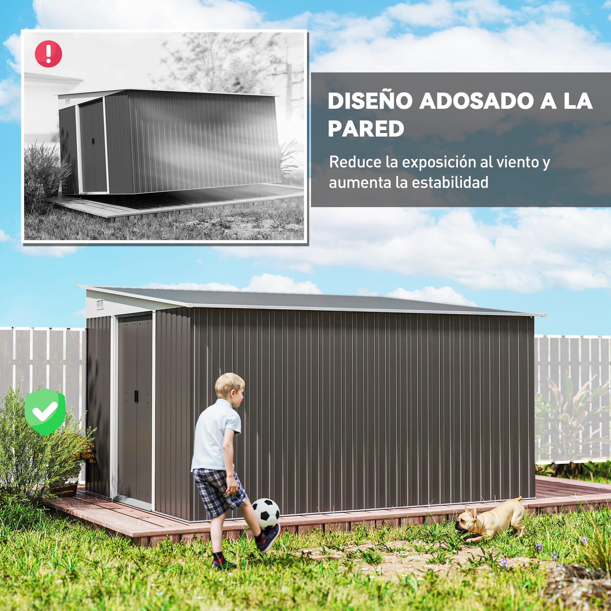 Outsunny Cobertizo de Jardín Exterior 8,9 m² 280x345x201 cm Gris | Caseta de Jardín Exterior Metálica, 2 Puertas Corredizas, 2 Ventanas, para Almacenamiento de Herramientas