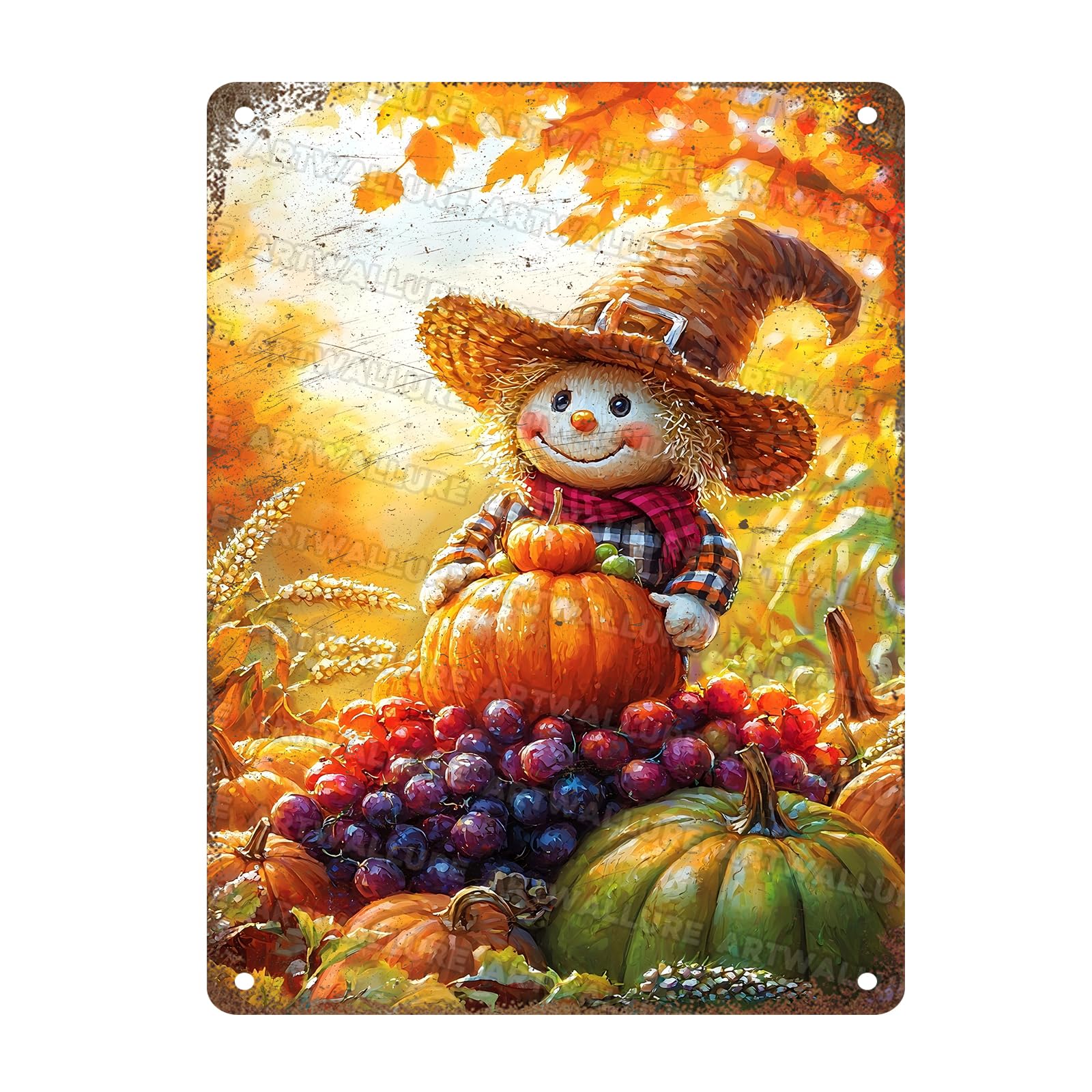 Ingzzaac Metalpostera9866 Vintage Thanksgiving Day Pumpkins Tin Sign Autumn Farmhouse Scarecrow Metal For Pub Club Cafe Bar Home Wall Art Decoration Poster 8"X12"
