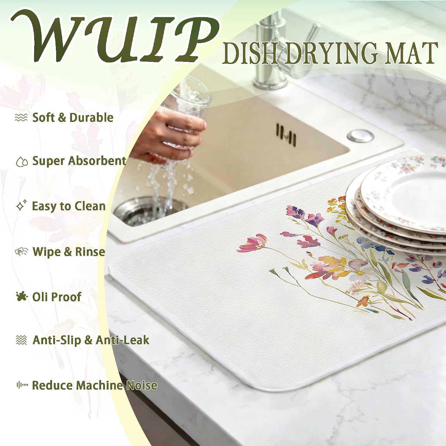 Floral Dish Drying Mats for Kitchen Counter, Watercolor Wildflower Absorbent Reversible Coffee Bar Mat Drying Pad for Floral Kitchen Decor, 12x15 Inch