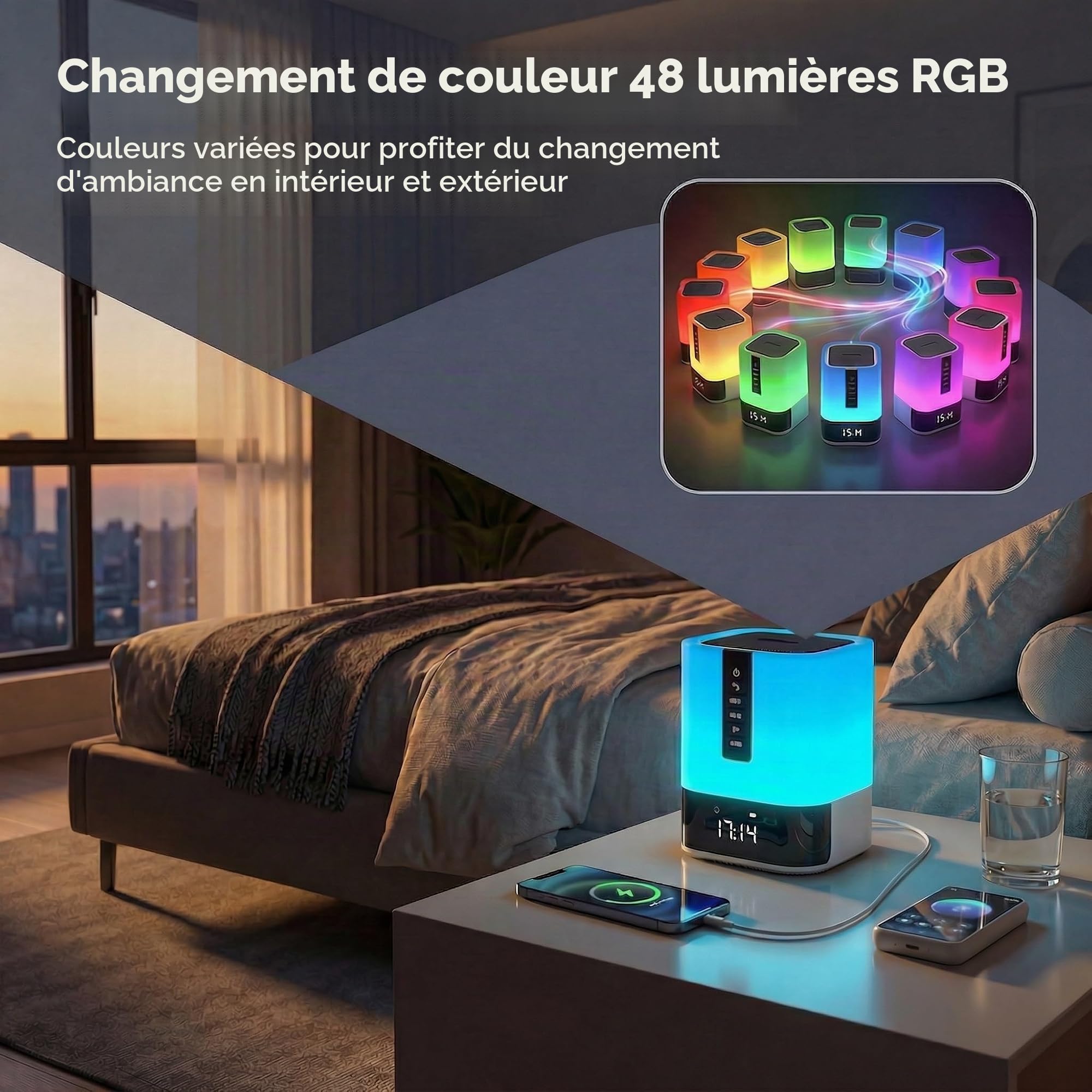 Hetyre Veilleuse Bluetooth 5 en 1, contrôle tactile, lampe de chevet à intensité variable, réveil pour chambre à coucher, meilleure idée de cadeau d'anniversaire pour adolescents/garçons de 10, 11,