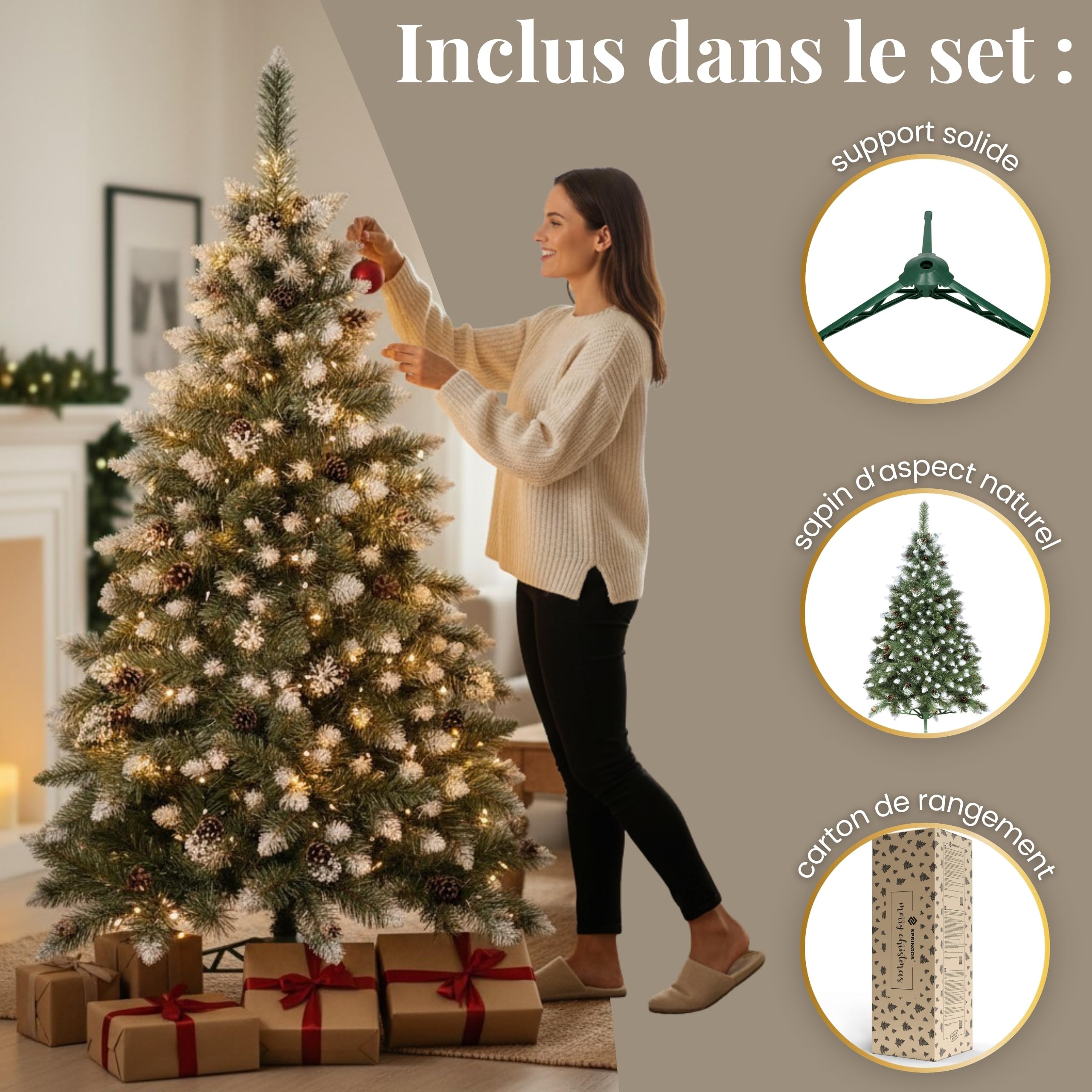 SPRINGOS Sapin de Noël artificiel en pin diamanté, neige artificielle, véritables cônes, 120 cm