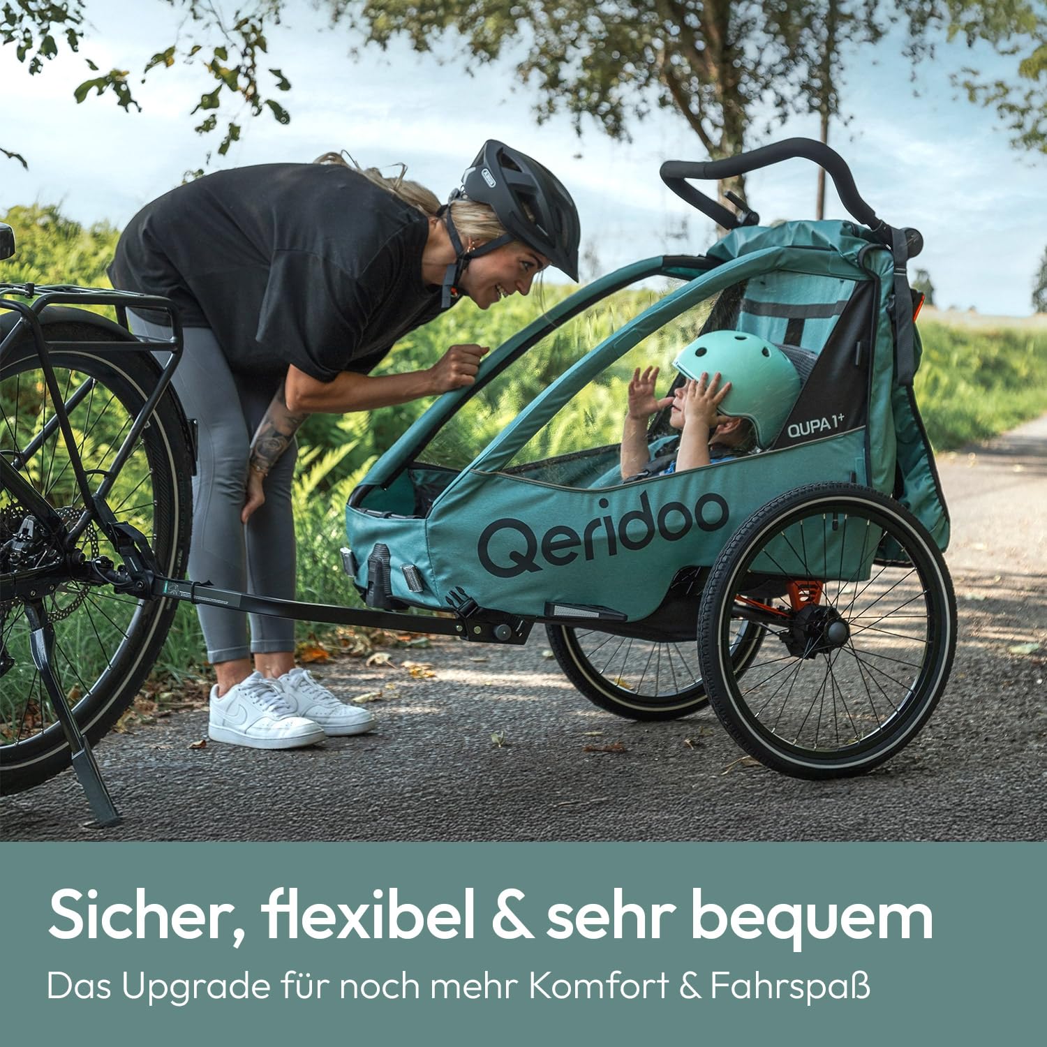 Qeridoo QUPA 1 Plus Mineral Blue |Fahrradanhänger 1 Kind mit Federung & 3-in-1-Verdeck |Kinderfahrradanhänger & Jogger Kinderwagen | Faltbarer Fahrrad Anhänger Kinder |Sicher & Komfortabel im Alltag