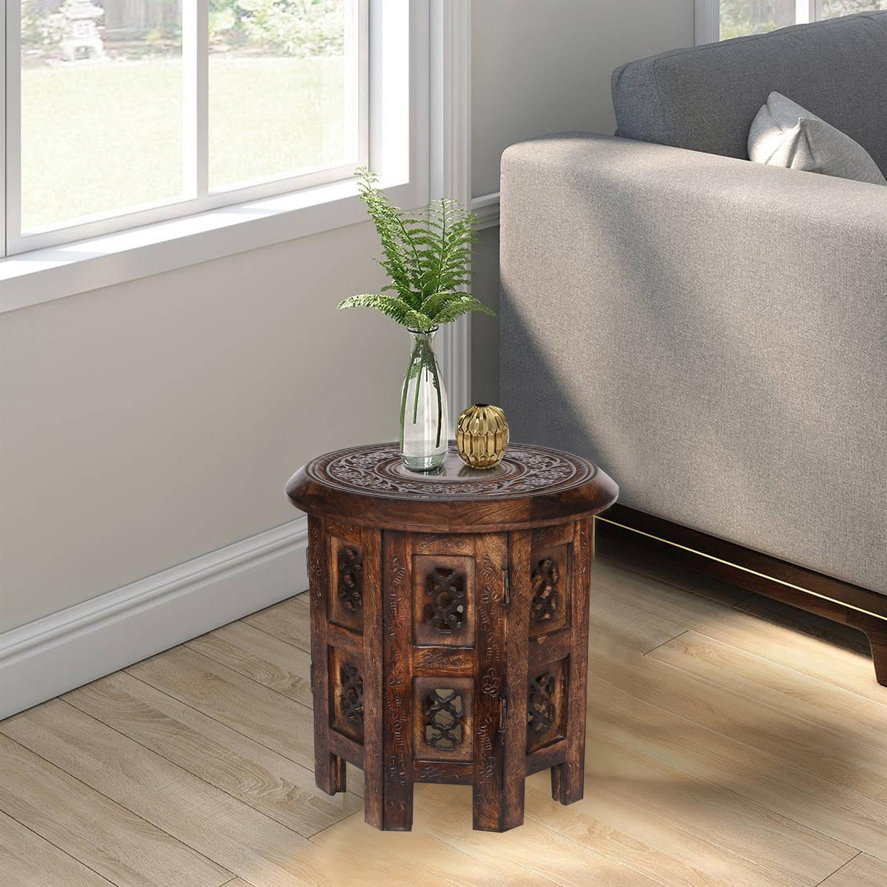 topfurnishing Beautiful Round Hand Carved Indian Shesham Wooden Coffee Table Side Brown Small 12"x12"x12" 30.5cm