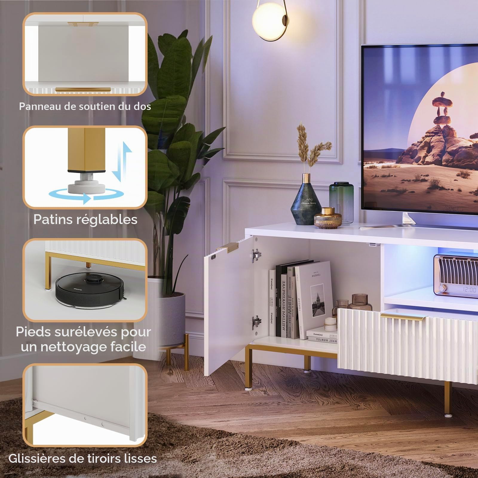 Bestier Meuble TV pour téléviseurs 55/60 Pouces, Meuble multimédia Moderne avec Rangement, Console multimédia avec Motif ondulé pour Salon et Chambre à Coucher, Blanc Brillant