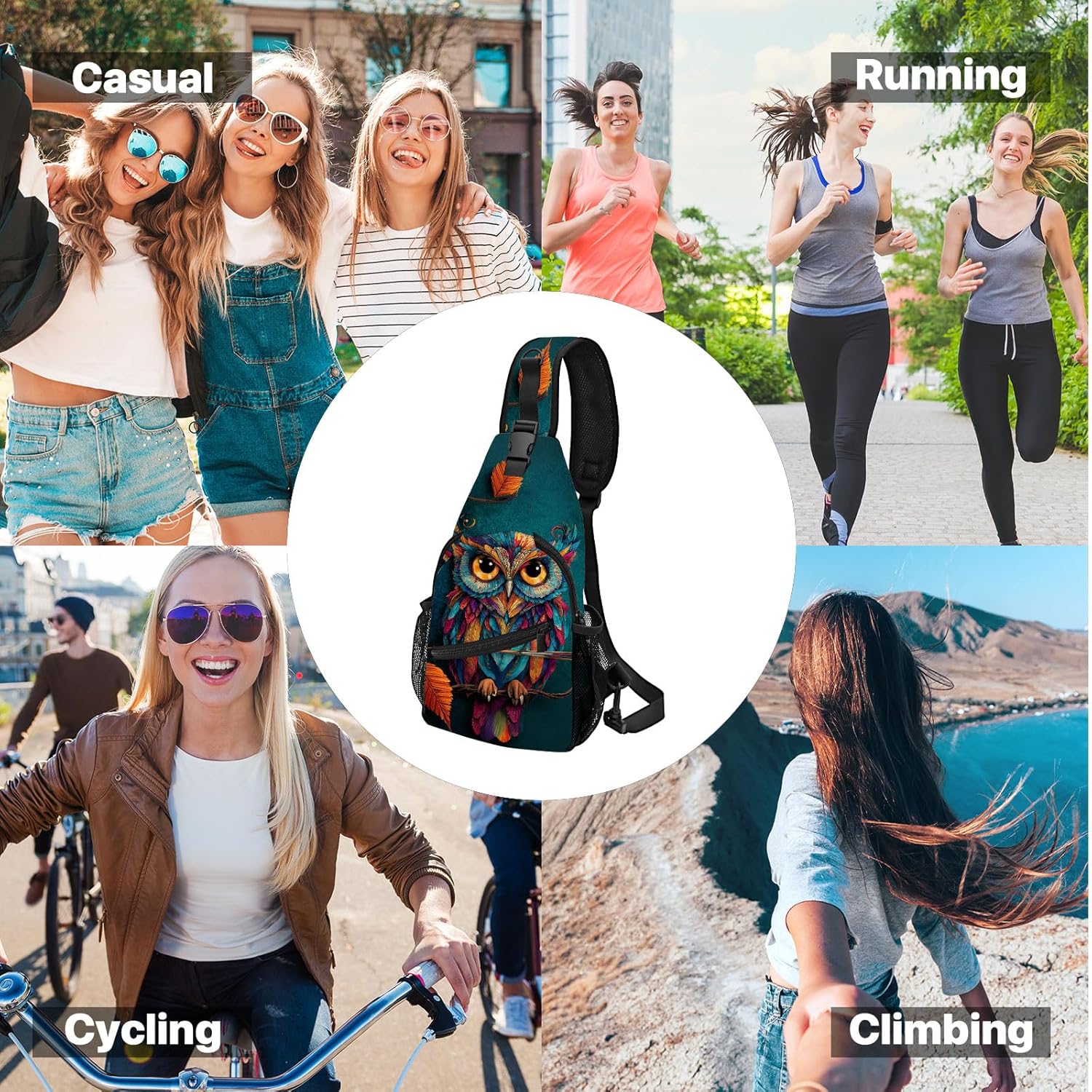 FyLybois Owl Sling Bag for Women Crossbody Backpack Lightweight Chest Daypack Fashion Shoulder Bags for Travel Hiking Biking - Image 7