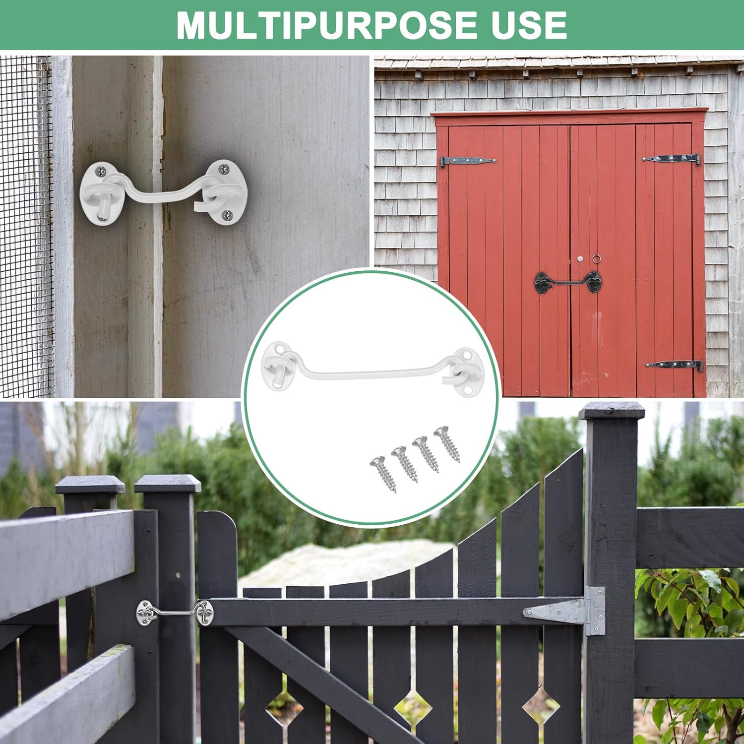M METERXITY 4-Pack Hook and Eye Latch for Door 6 Inch Stainless Steel Gate Latch Barn Door Lock Hook and Eye Gate Latch for Gate/Shutters/Window/Cabinet/Bathroom [White]