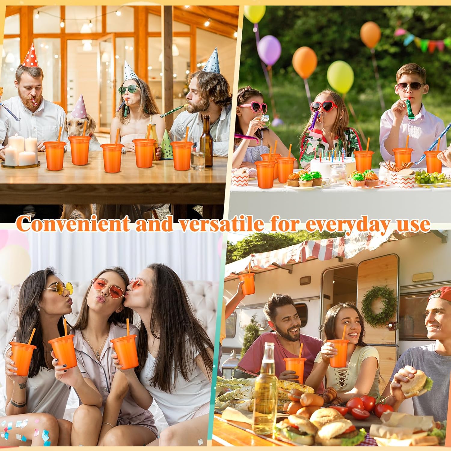 Skylety 30 Pcs Plastic Cups with Lids and Straws 10 oz Reusable Tumbler Spill Proof Drinking Iced Coffee Mug Travel Cup for Birthday Halloween Party Gift Supplies(Orange)