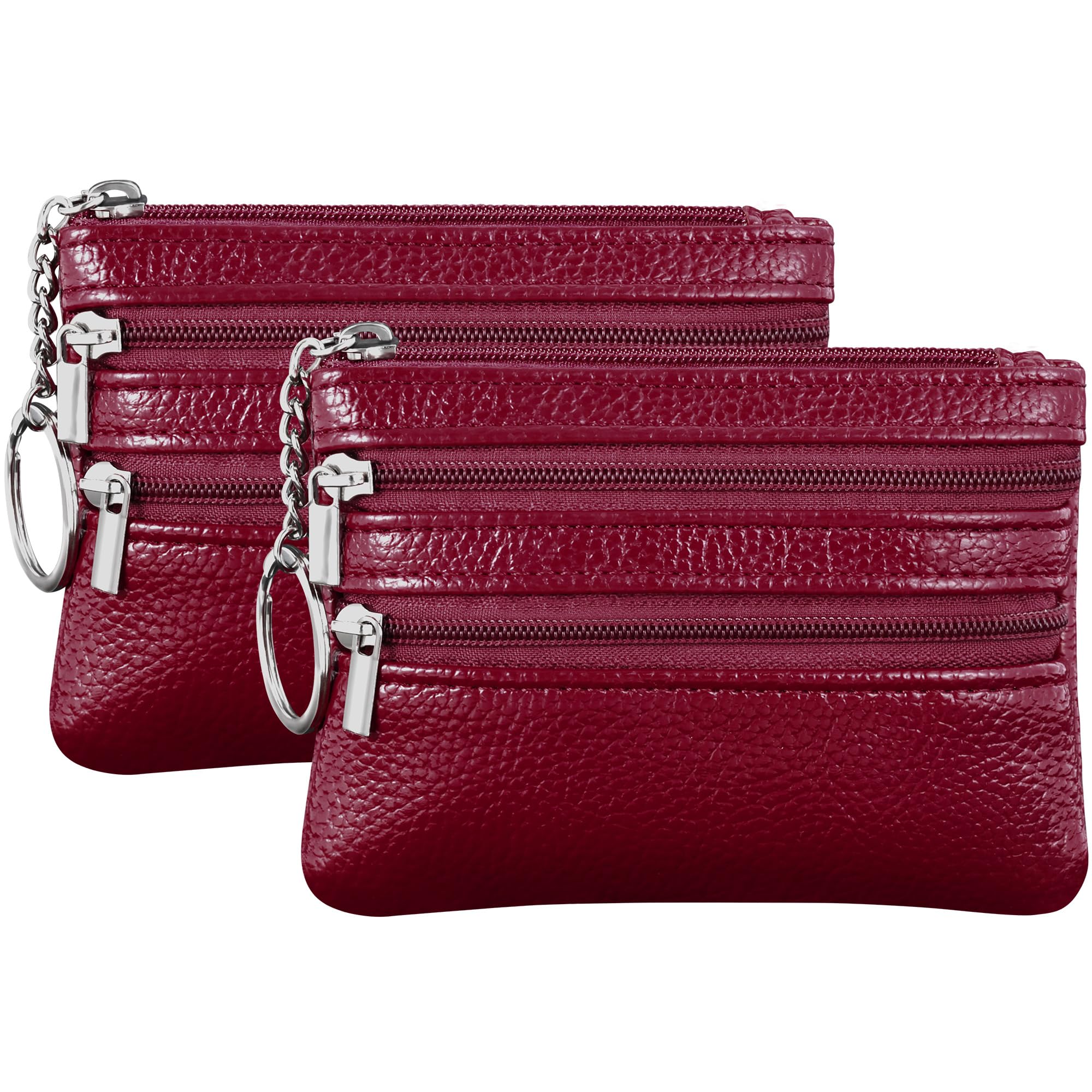 Chelmon 2 Pack Coin Purse Pouch Change Card Holder Wallet with Keychain for Women and Men (Red &amp; Red)