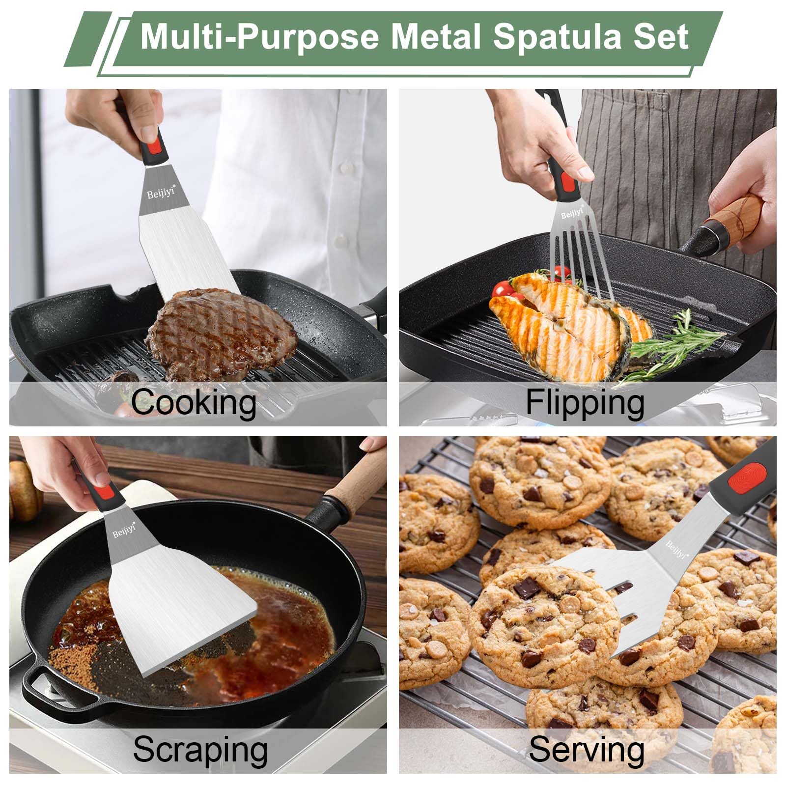 Beijiyi Juego de 4 espátulas de acero inoxidable, pequeñas espátulas de metal para uso en cocina, utensilios de cocina con mango de silicona, espátula para pescado, huevo, hamburguesa y espátula para