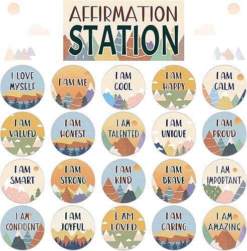 Miniatura 14 de Affirmation Station - Juego de tablones de anuncios de composición positiva para el aula, mentalidad de crecimiento, decoración de lunares y rayas,