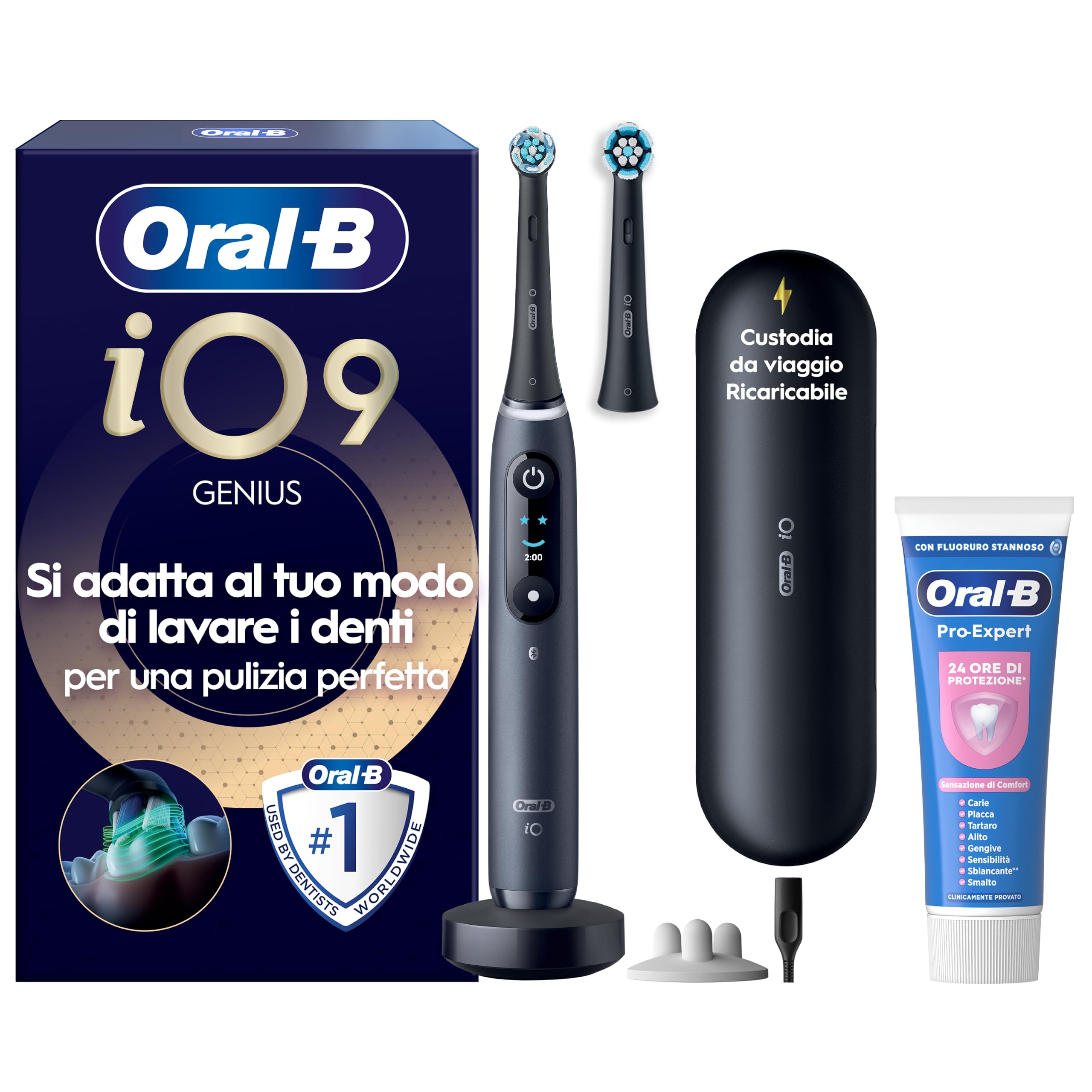 Oral-B iO 9 Spazzolino Elettrico, 2 Testine di Ricambio, Custodia, Nero | 2 Testine di Ricambio per Spazzolino Elettrico, Ricaricabile, Custodia da Viaggio + 1 Dentifricio Pro Expert, Pulizia Denti