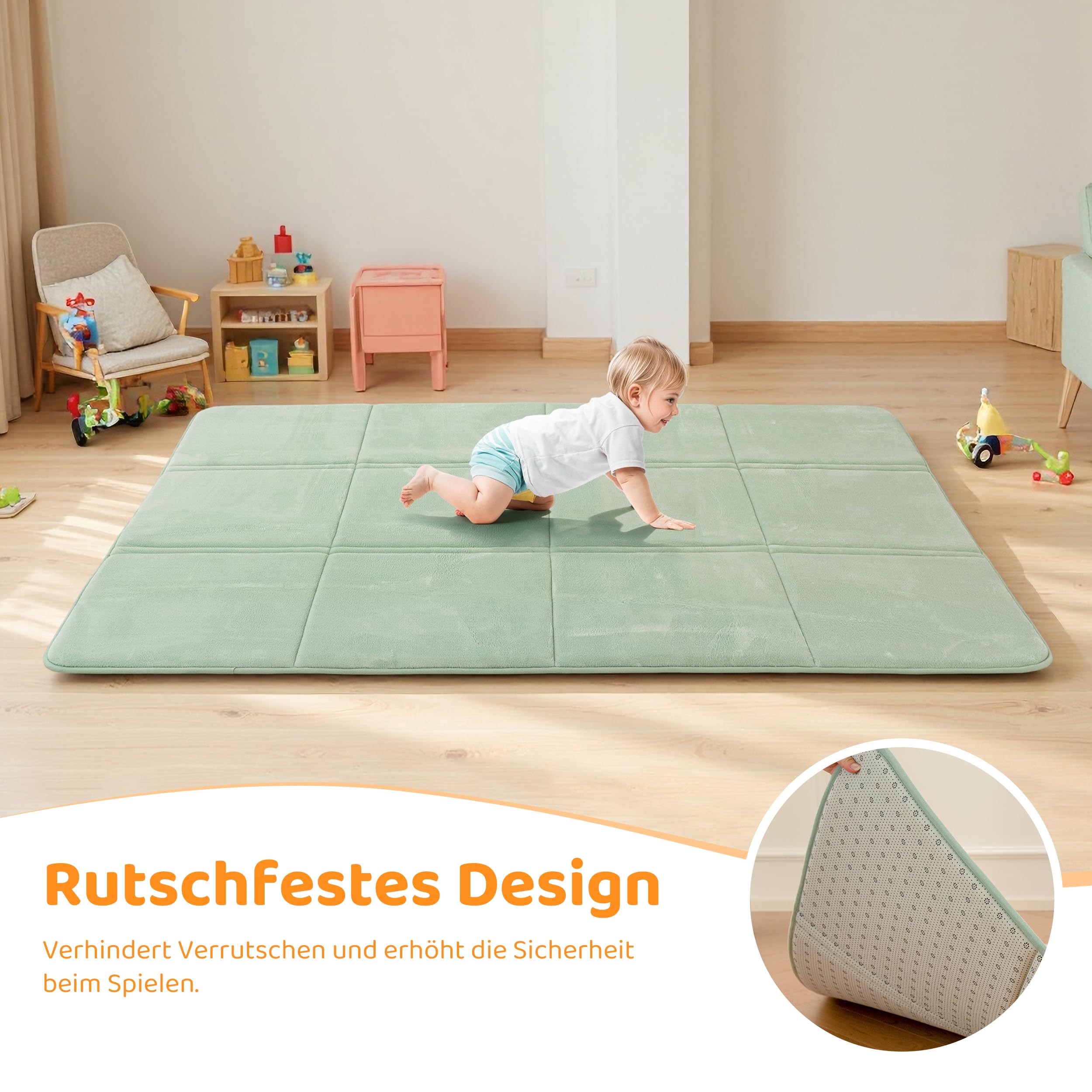 BYBYME 3cm Dicke Faltbare Krabbelmatte Baby, 120x180cm Spielmatte mit Rutschfester Unterseite, Weiche Bodenmatte aus Memory-Schaum für Babys, Kinder & Kleinkinder, Ideal für Wohnzimmer & Yoga, Grün