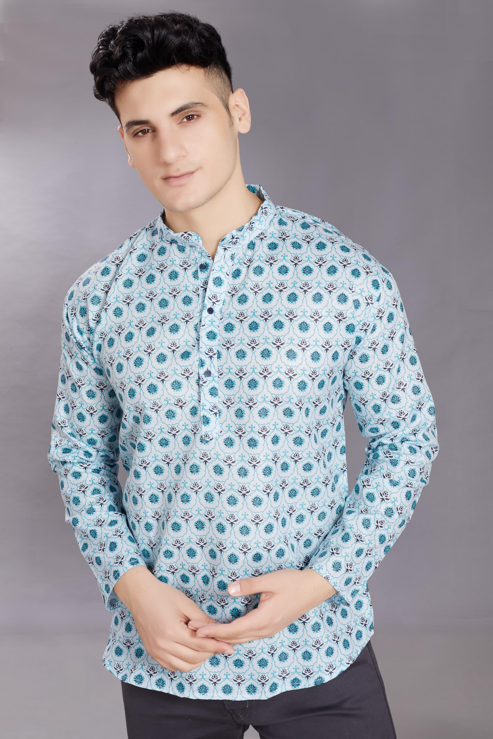 Divisive Men's Pure Cotton Relaxed Fit Printed Short Kurta (Dkrt442_M_Sea Green)