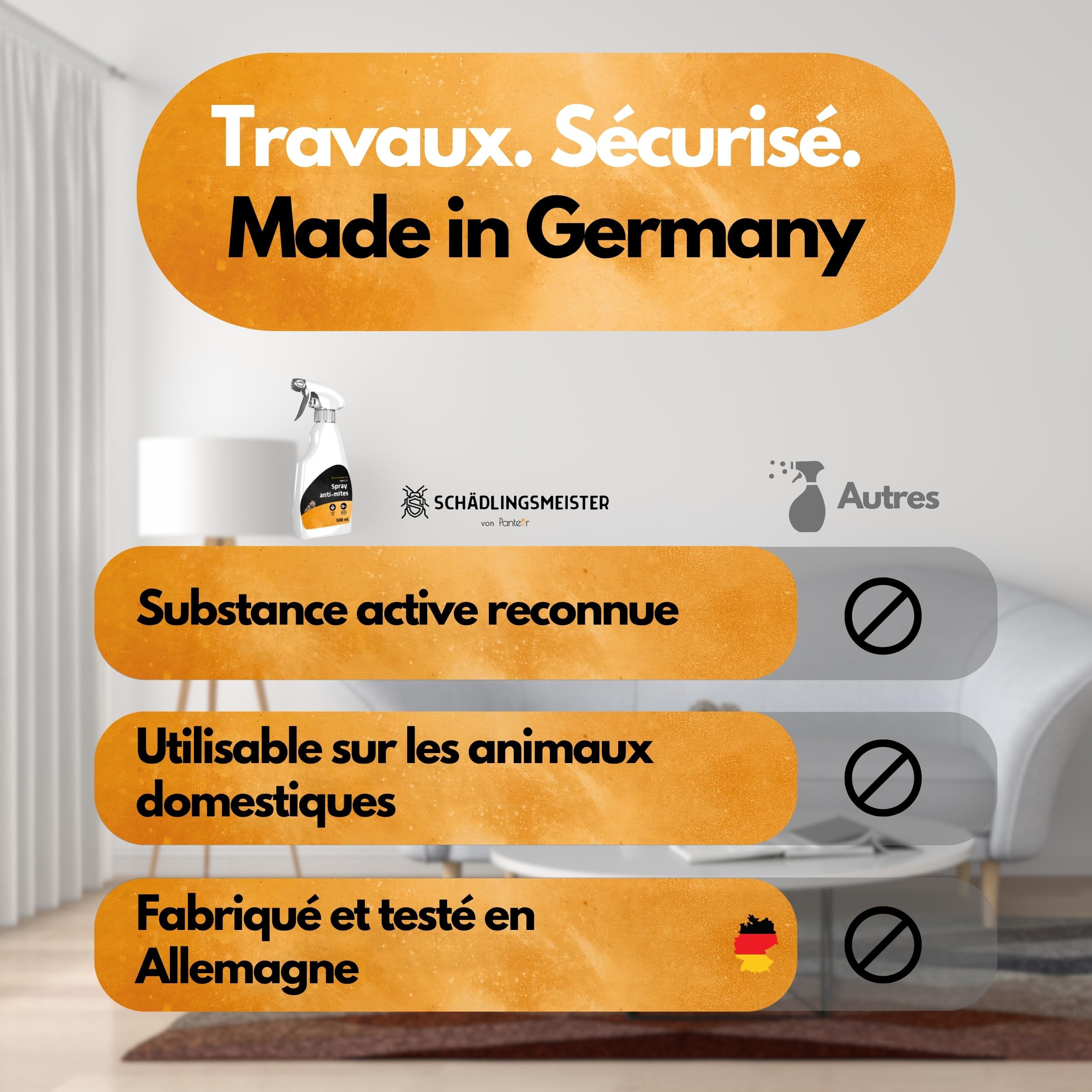 Panteer® Spray Anti-mites 500ML - Protection anti-mites contre les mites alimentaires et les mites des vêtements - combat les mites sans perméthrine, haute efficacité grâce à l'acétamipride - AMP 2 CL