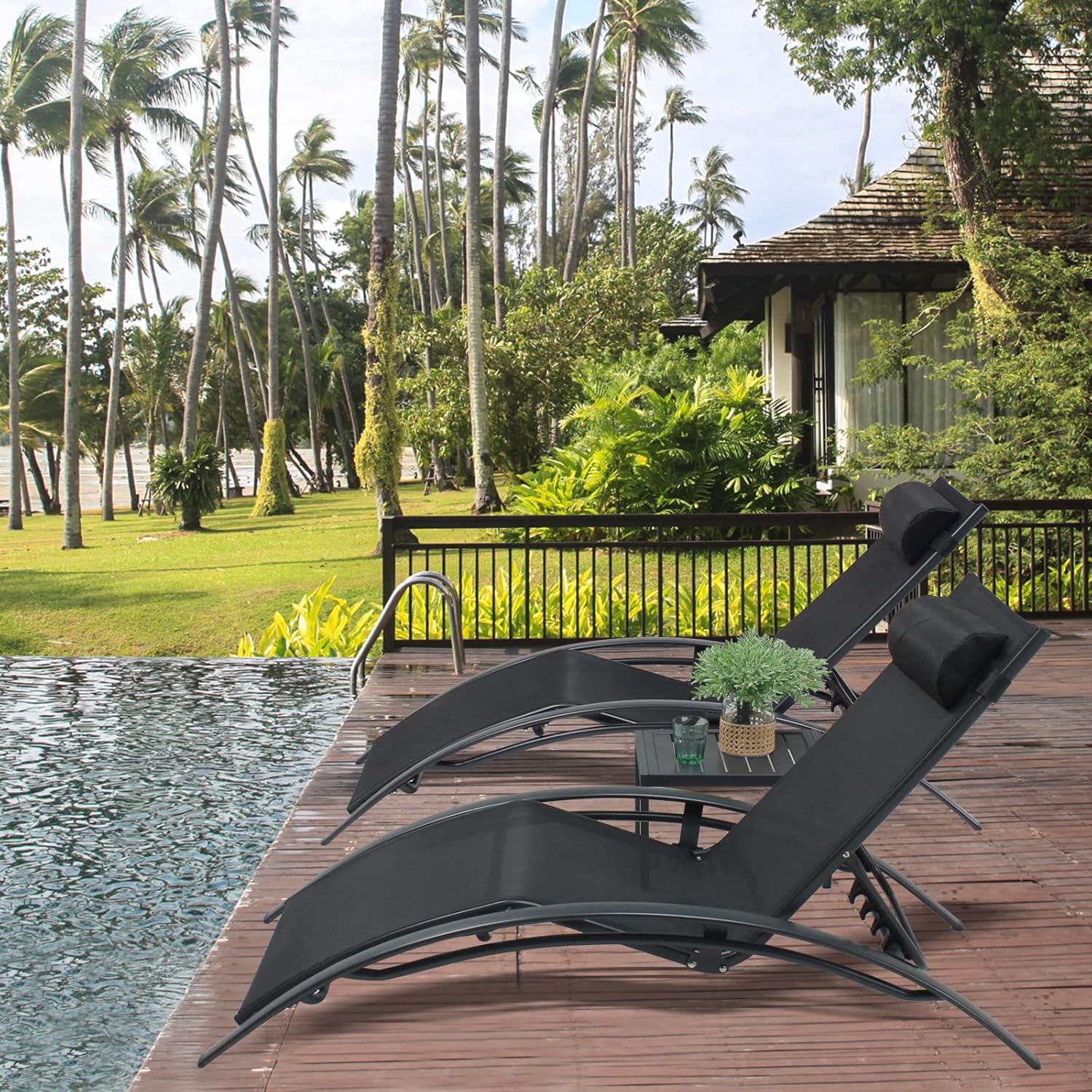 Patio Chaise Lounge Chair Set of 3 with Coffee Table,Outdoor Lounge Chair with Adjustable Backrest with Pillow,Water & UV Resistant,with Side Table for Beach,Garden,Lawn(Black)