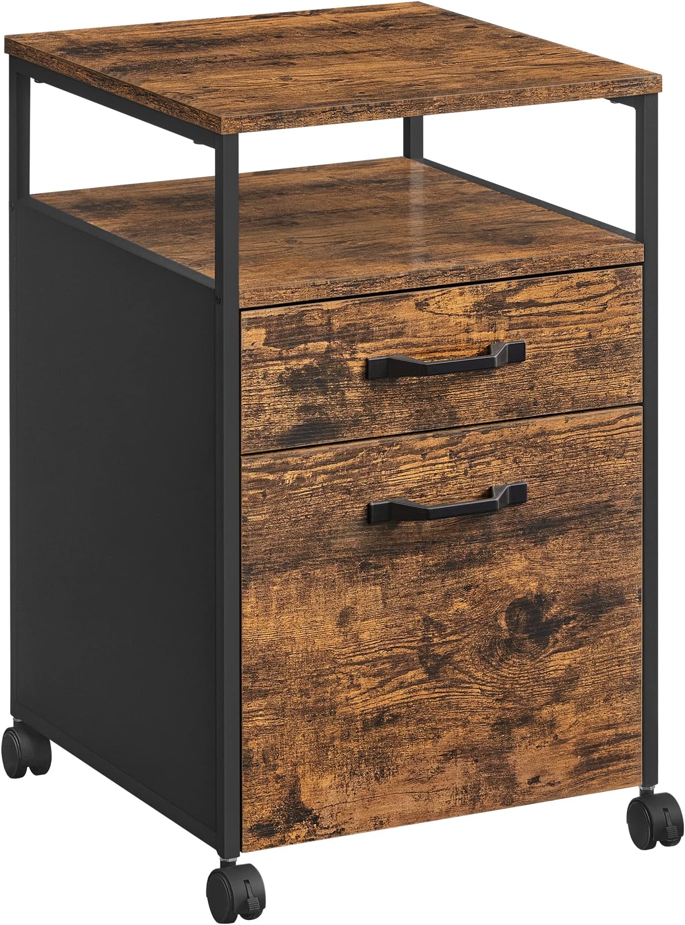 Rolling File Cabinet, Mobile Office Cabinet on Wheels, with 2 Drawers, Open Shelf, for A4, Letter Size, Hanging File Folders, Industrial Style, Rustic Brown and Black UOFC71X