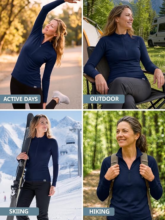 MERINNOVATION 100% Merino Wool Base Layer for Women - Wool Half Zip Sweater Long Sleeve Midweight Quarter Zip Women's Shirt