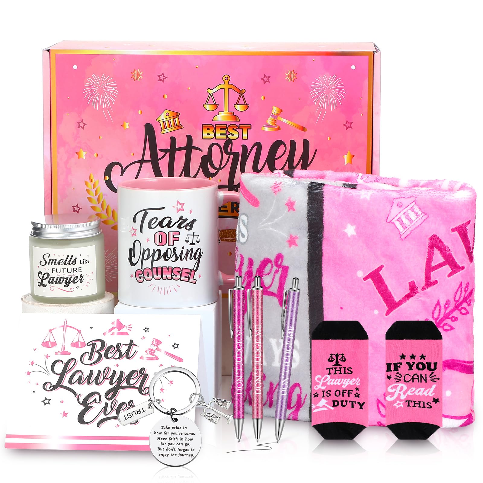 SmoothNovelty 10 Pcs Lawyer Gifts Law Student Gifts Include Lawyer Blanket Coffee Mug Pens Socks Keychain Candle Card Present Box for Student