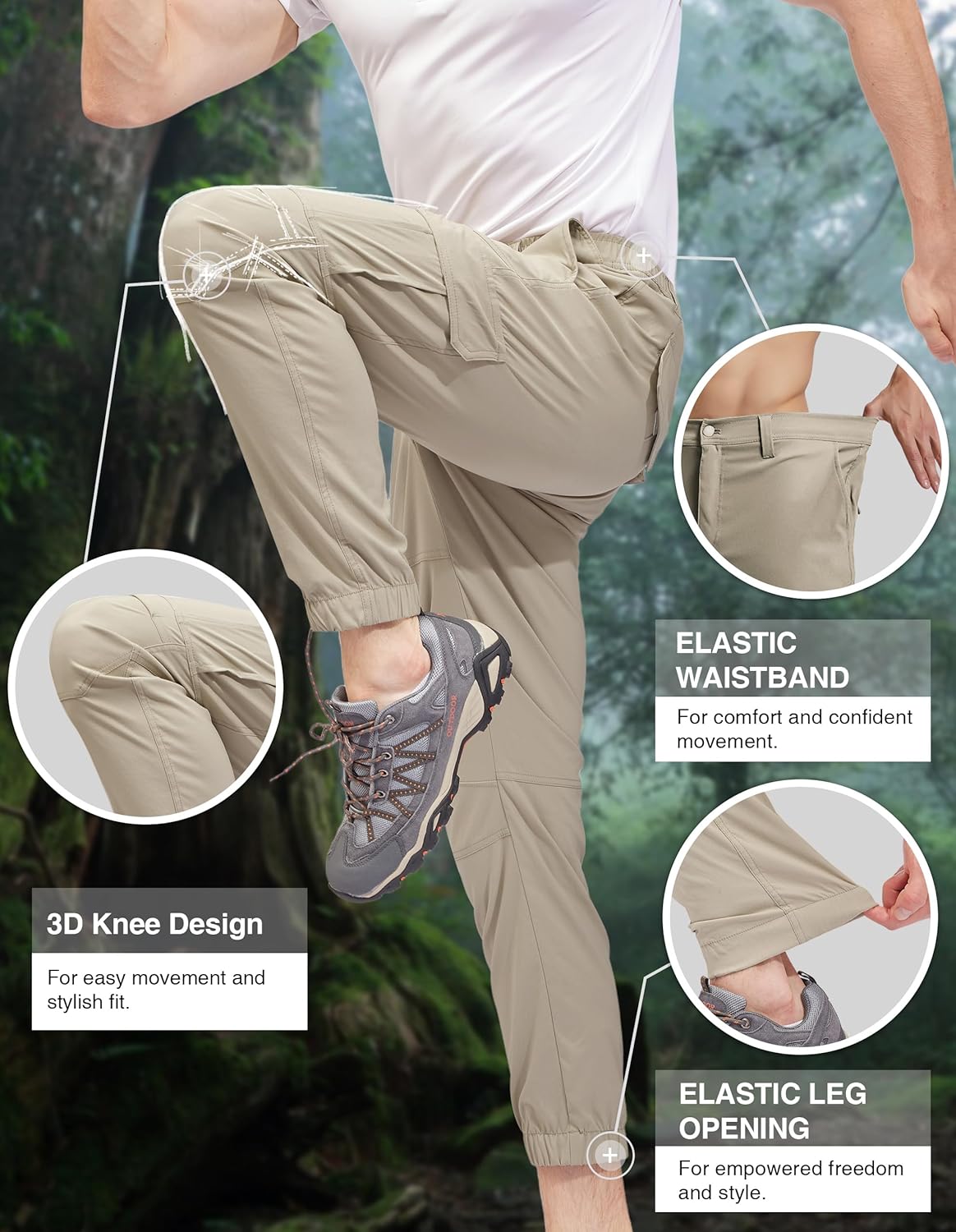 PULI Men's Cargo Pants, Tapered Hiking Joggers, 4-Way Stretch Water Resistant Quick Dry Breathable Lightweight 28/30/32/34''