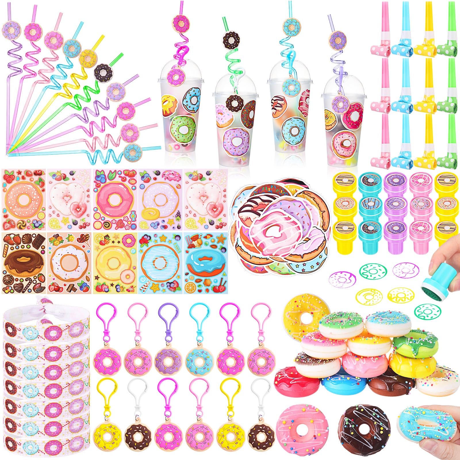 Jadive 194 Pcs Donut Party Favors Gift Cups Filler Set Include Donut Stress Ball DIY Sticker Straw Stamper Keychain Blow out Noise Makers Tie Wristband for Boy Girl Doughnut Birthday Party Supplies