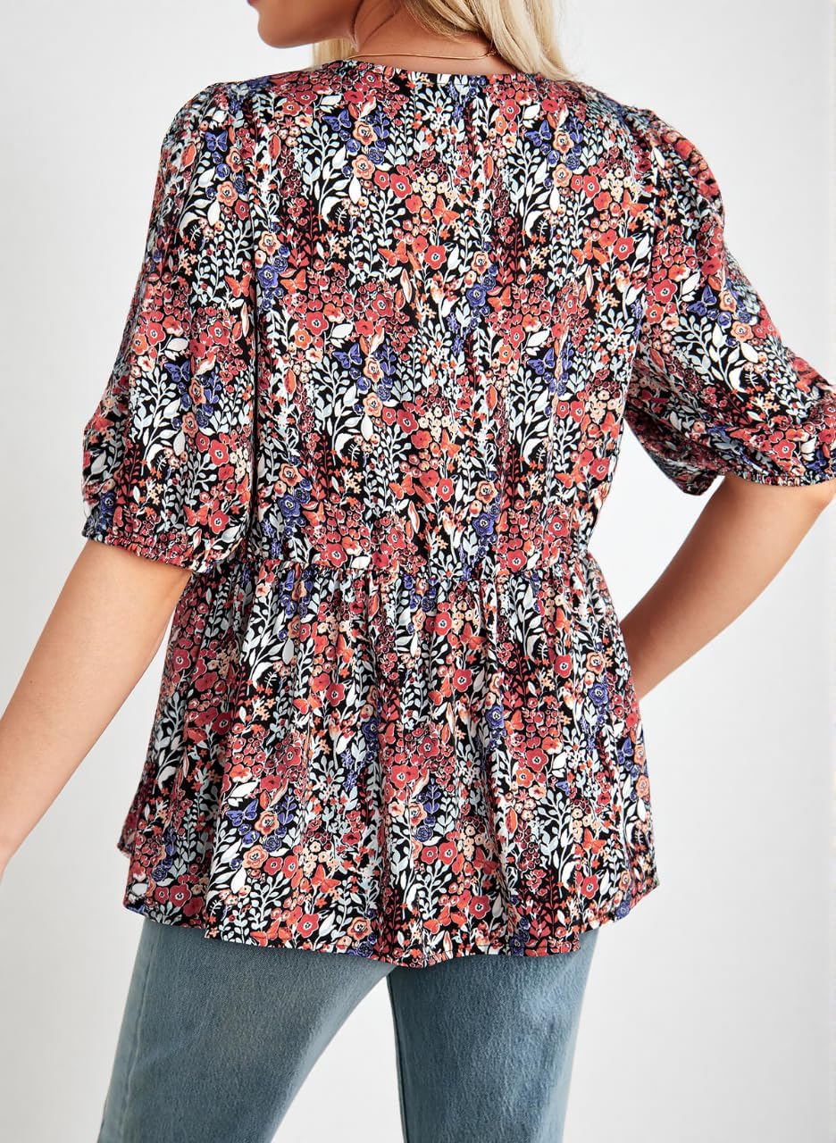 Dokotoo Summer Tops for Women Dressy Casual Business Crewneck Babydoll Peplum Puff Sleeve Shirts Tie Front Boho Blouses - Image 5