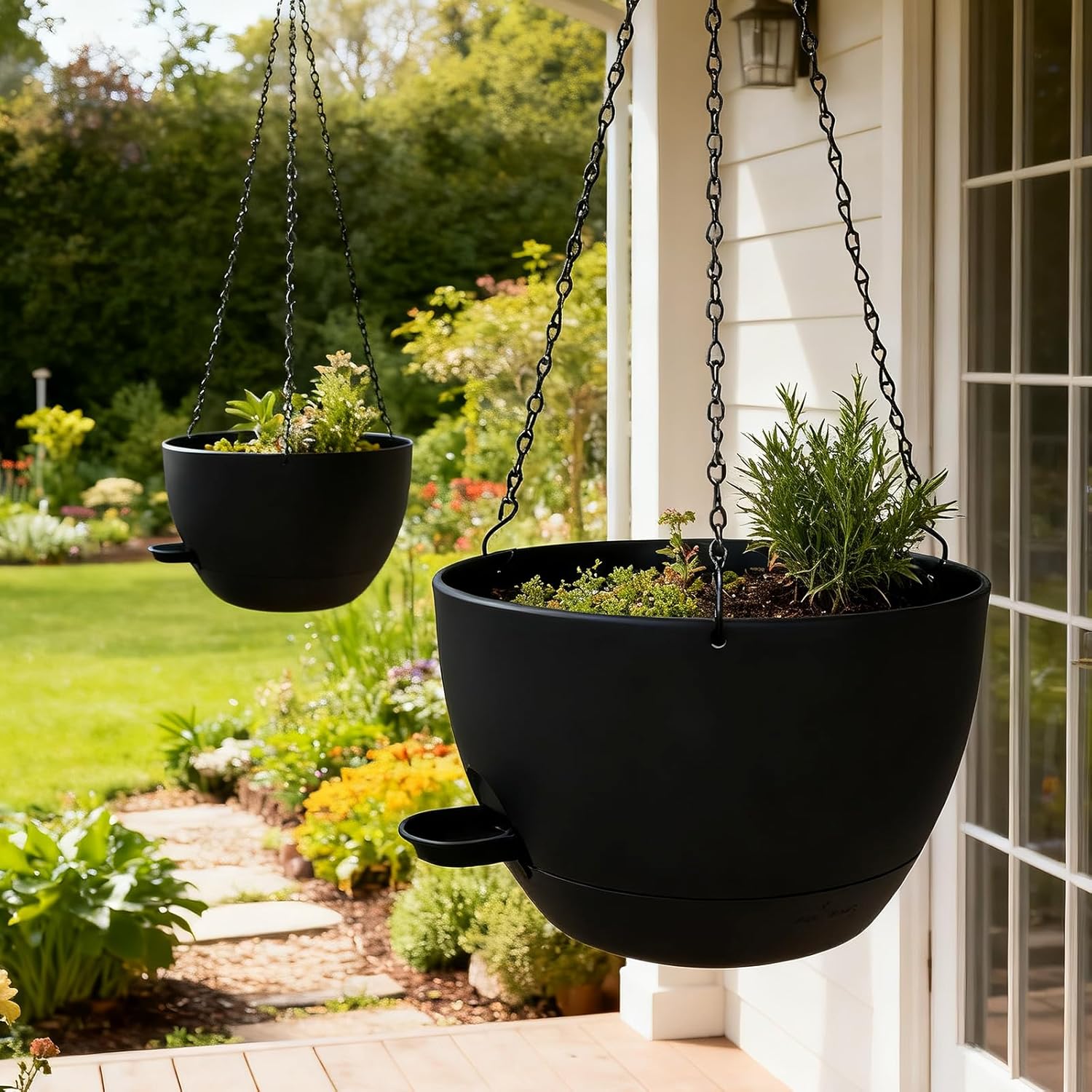 WOUSIWER Self Watering Hanging Planters, 2 Pack 12'' Plastic Pots with Drainage Holes & Reservoir Tray (Black) | Indoor & Outdoor Use for Ferns, Ivy, Herbs, Succulents