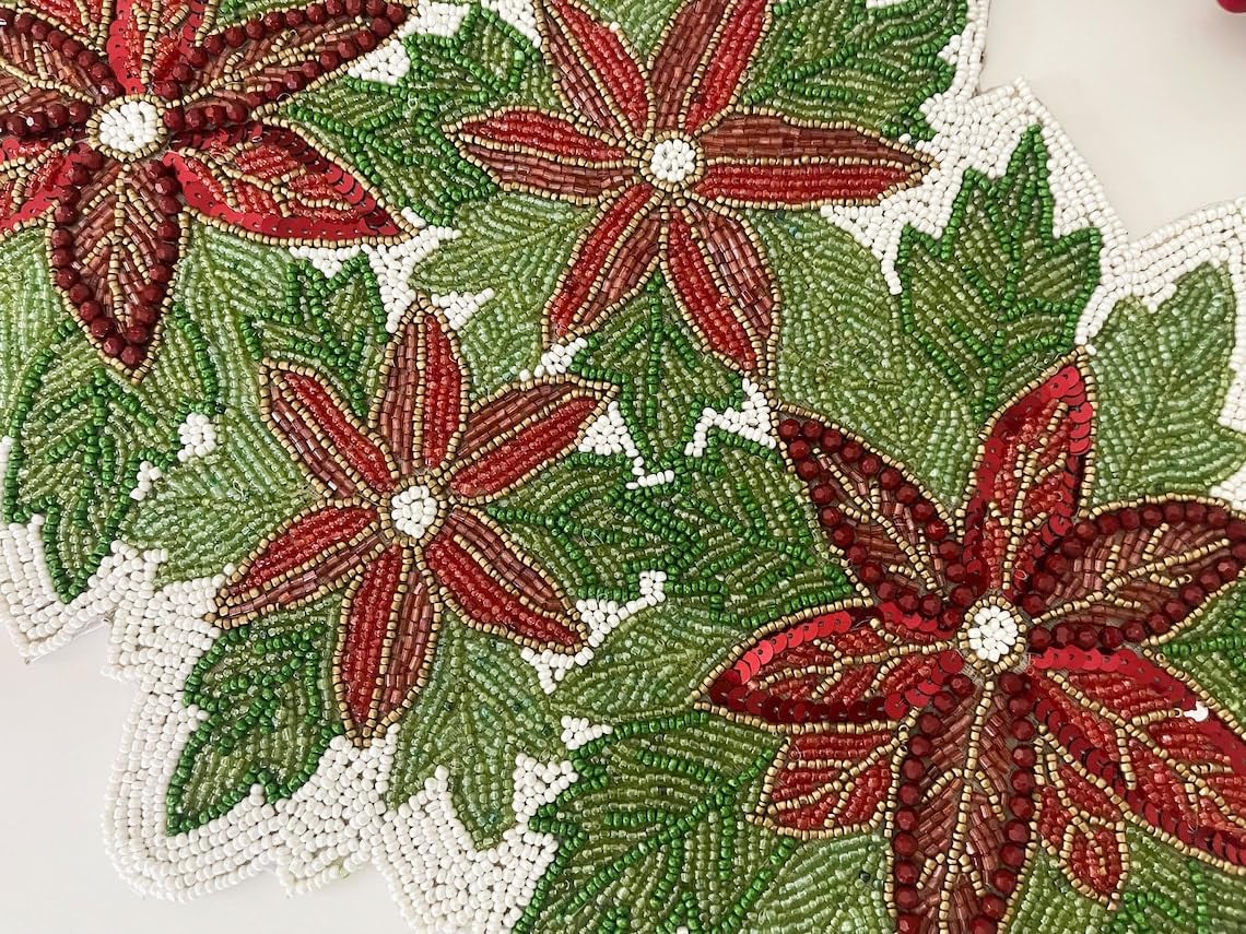 Enliven Christmas Handmade Table Runner, red and Green Floral Beaded Table Runner, Poinsettia Runner, 13x36inch