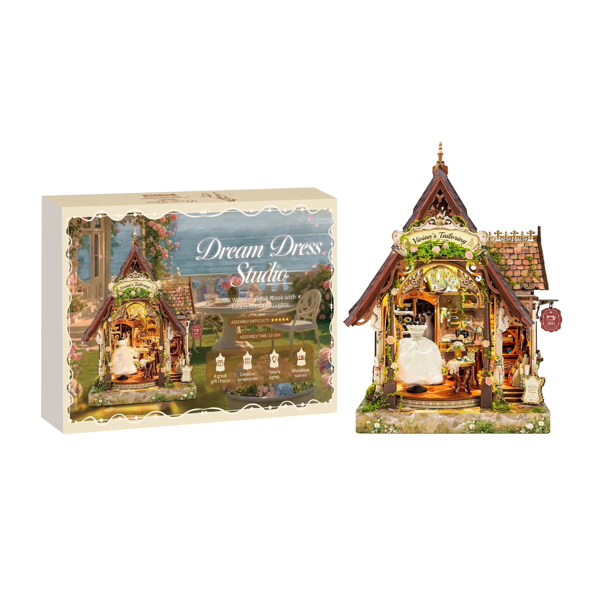 DIY Miniaturhaus Halboffenes 3D-Holzpuzzle mit LED-Lichtern, Bücherregal, Buchstütze, Dekor, Modellbau, Handwerk, Geschenk für Frauen und Miniatur-Sammler, Schneidergeschäft, kleines Haus